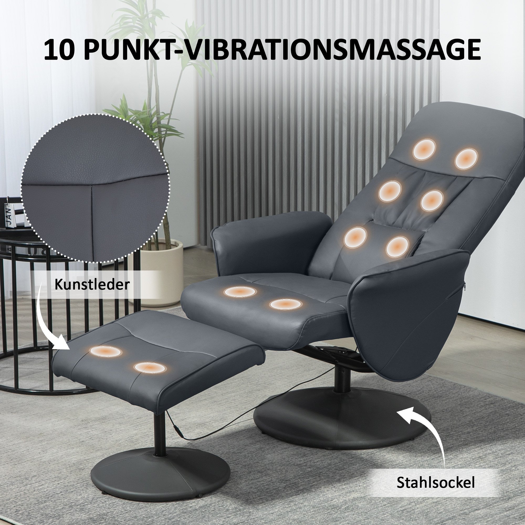 Massagesessel mit Fußhocker, Ergonomischer Stuhl mit 10 Vibrationspunkten, Kunstleder, 76 x 81 x 105 cm, Dunkelgrau