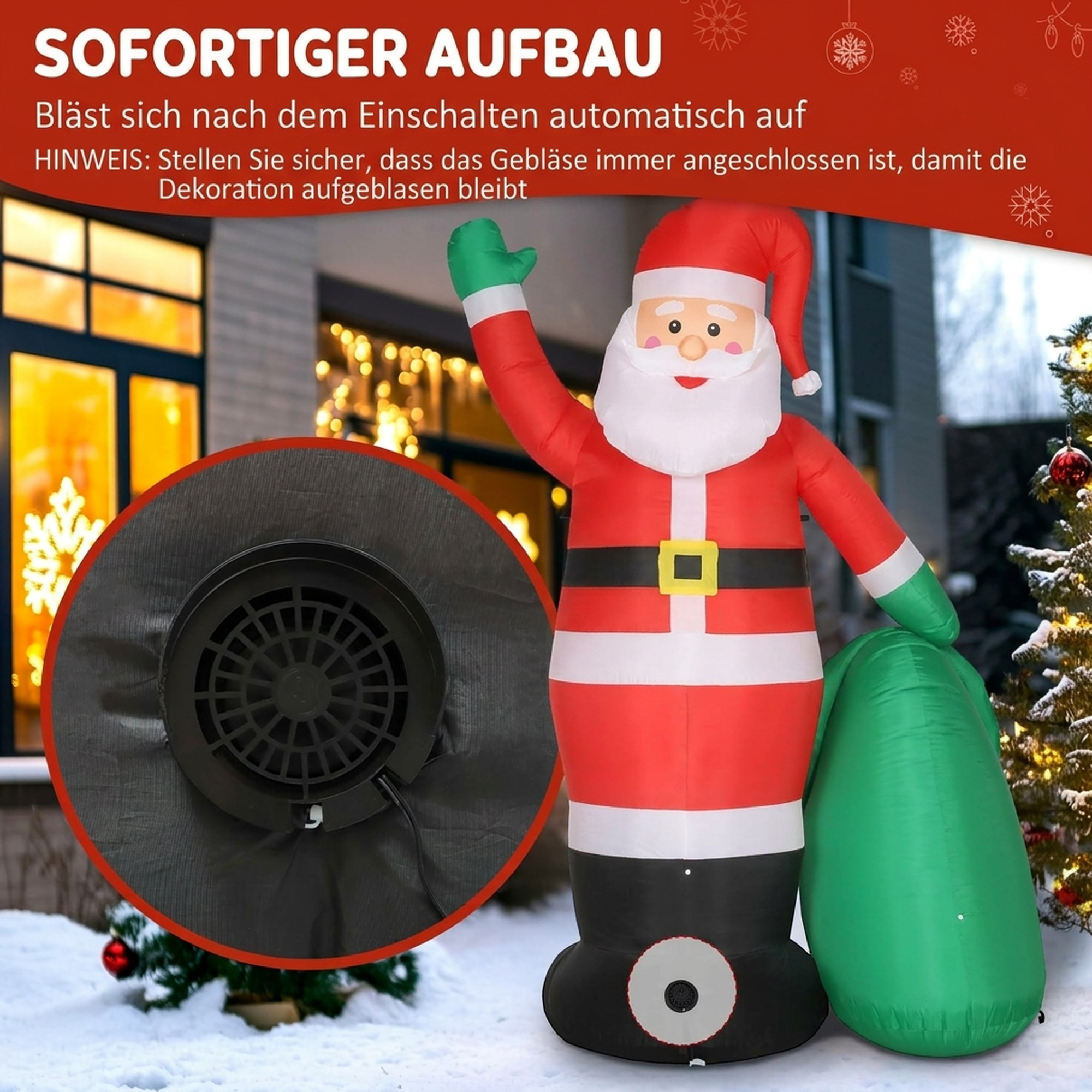 aufblasbarer Weihnachtsmann, 275 cm, mit Sack und Bär, Weihnachtsdeko mit integrierten LED-Lichtern