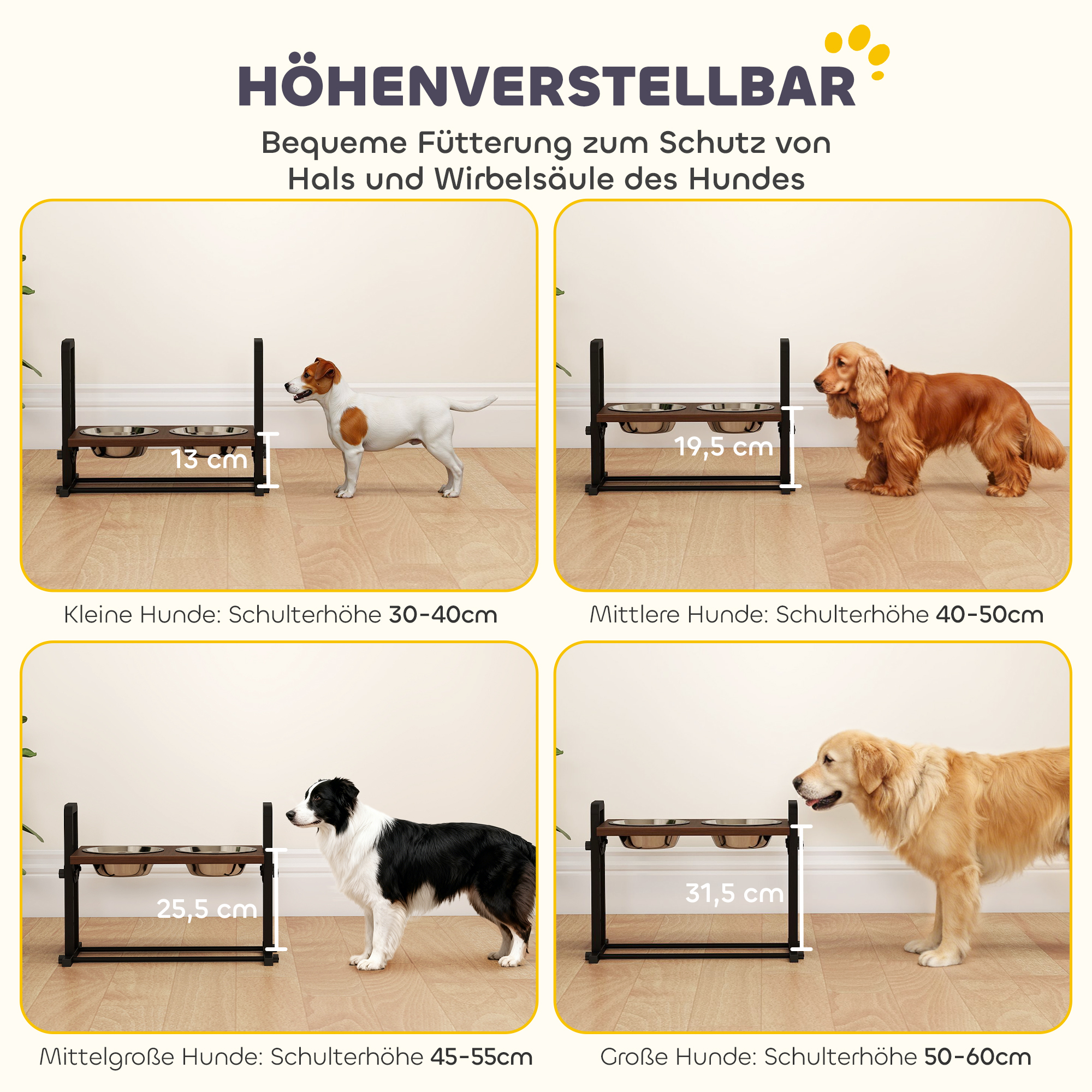 Hundenapf erhöht 4 höhenverstellbare Futternapf mit Ständer, 2 x 1,2 L Edelstahlnäpfen, 3 einstellbaren Winkeln, Braun