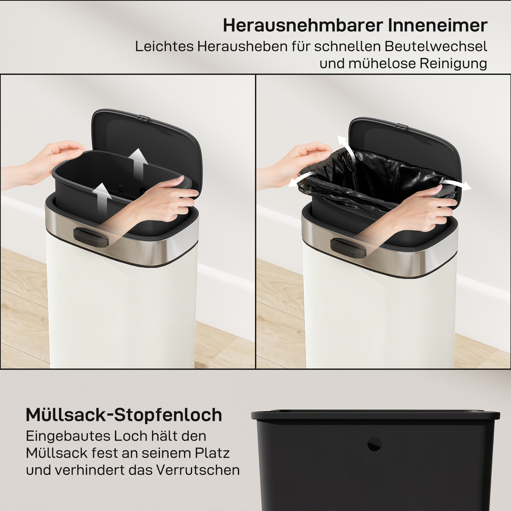 5 L Mülleimer, freistehend oder hängend platzierbar, Edelstahl, Cremeweiß