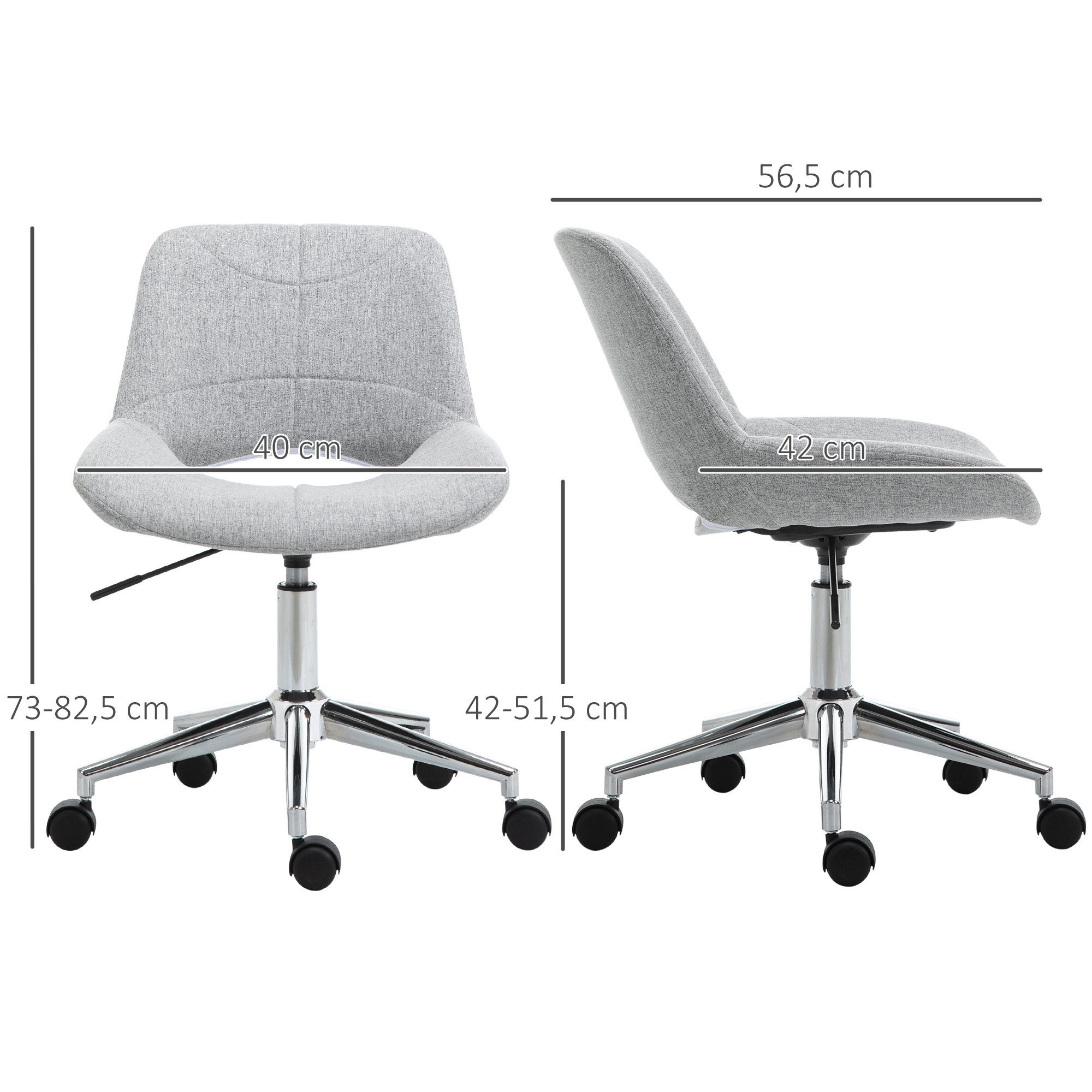 Bürostuhl, höhenverstellbar, um 360° drehbar, bis 110 kg, Metallrahmen, hellgrau, 49 x 56,5 x 73-82,5 cm