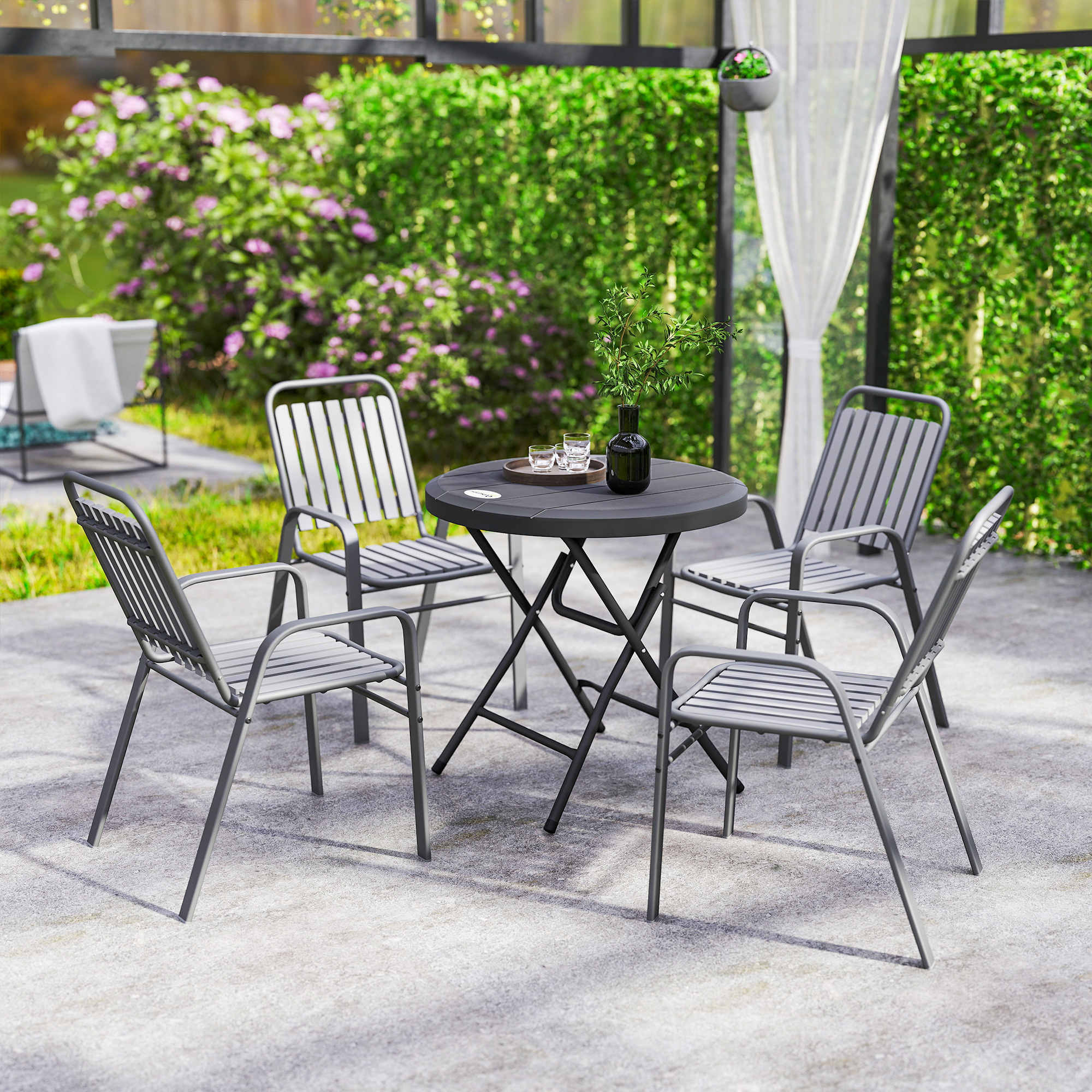 Gartentisch, rund, klappbar, für 4 Personen, Holzoptik, Stahl+Kunststoff, dunkelgrau, 80 x 80 x 73 cm