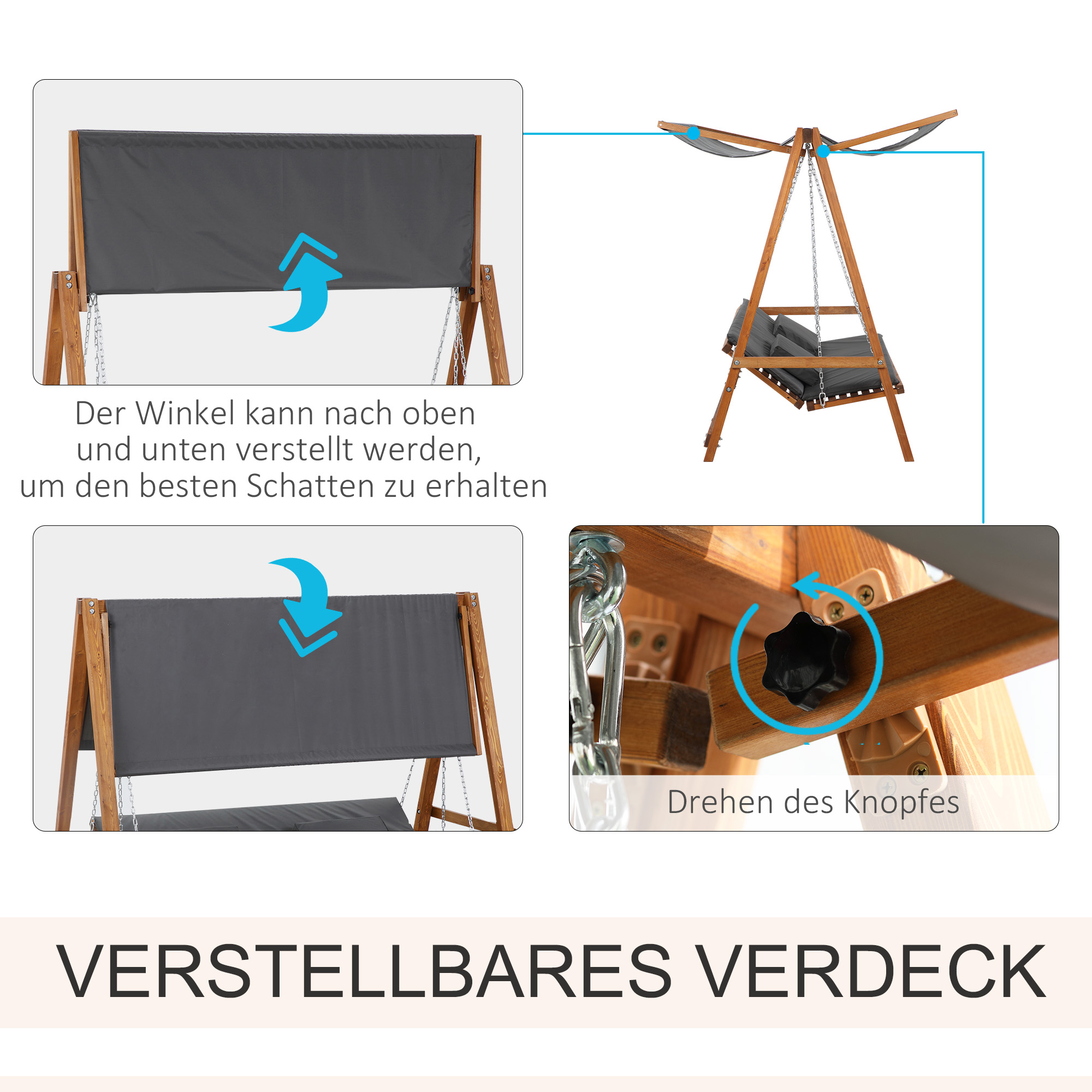 Hollywoodschaukel mit Bettfunktion 3-Sitzer Gartenschaukel Lärche mit verstellbarem Sonnendach 225,5 x 130 x 180 cm