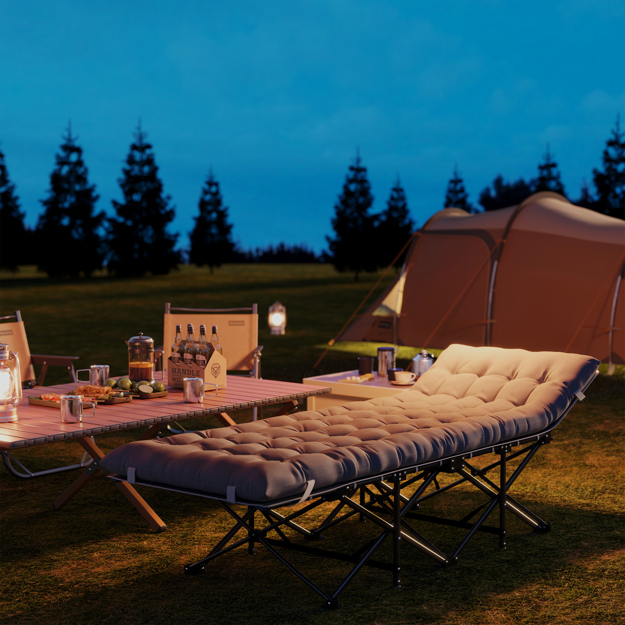 Feldbett faltbar Campingbett mit Matratze Kopfkissen Seitentasche 185 x 68 x 37 cm bis 150 kg Hellgrau
