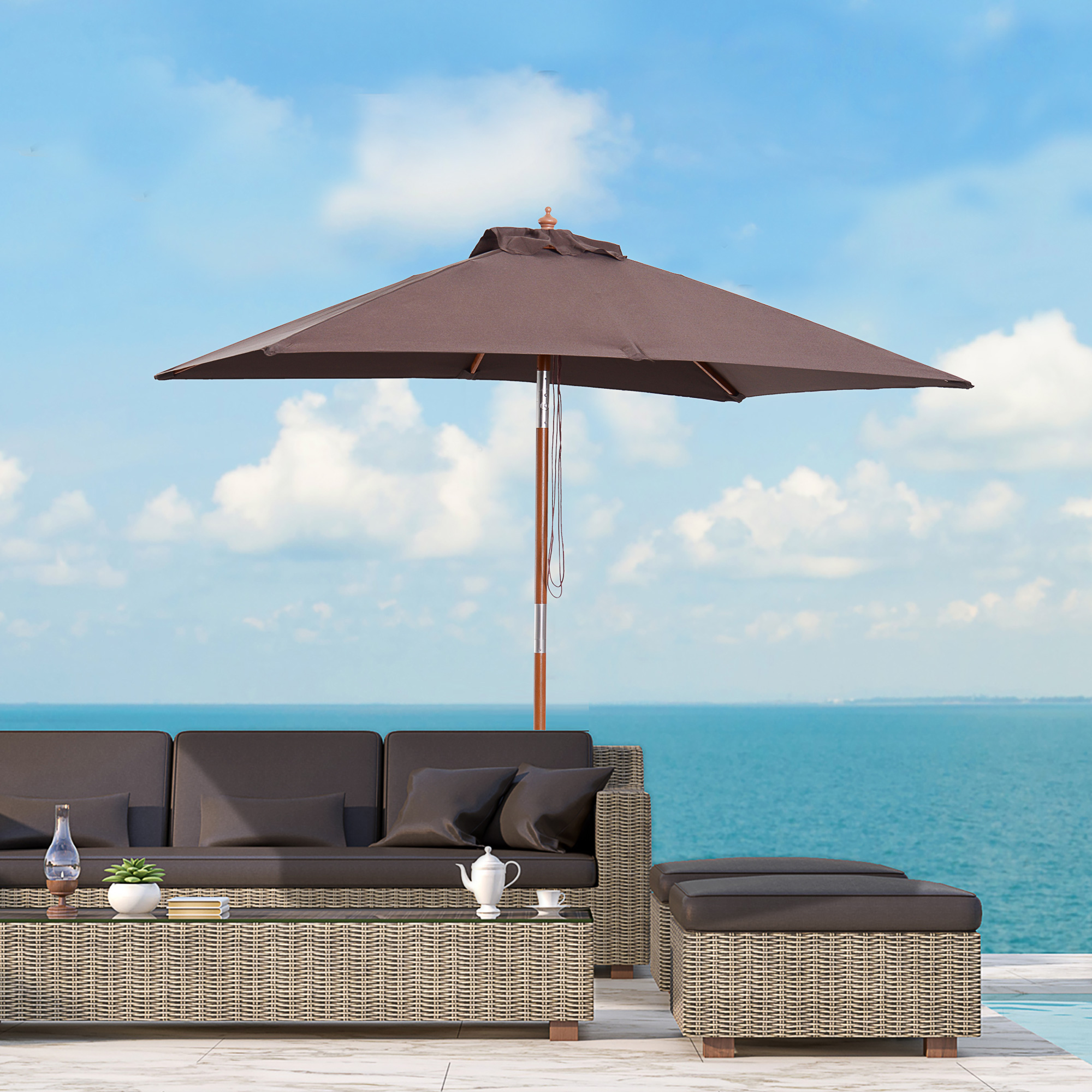 Sonnenschirm 200 x 150 x 235 cm Knickbarer Gartenschirm 3-stufig einstellbar rechteckig Strandschirm wasserabweisend und UV-beständig für Strand Balkon Terrasse Garten Kaffee