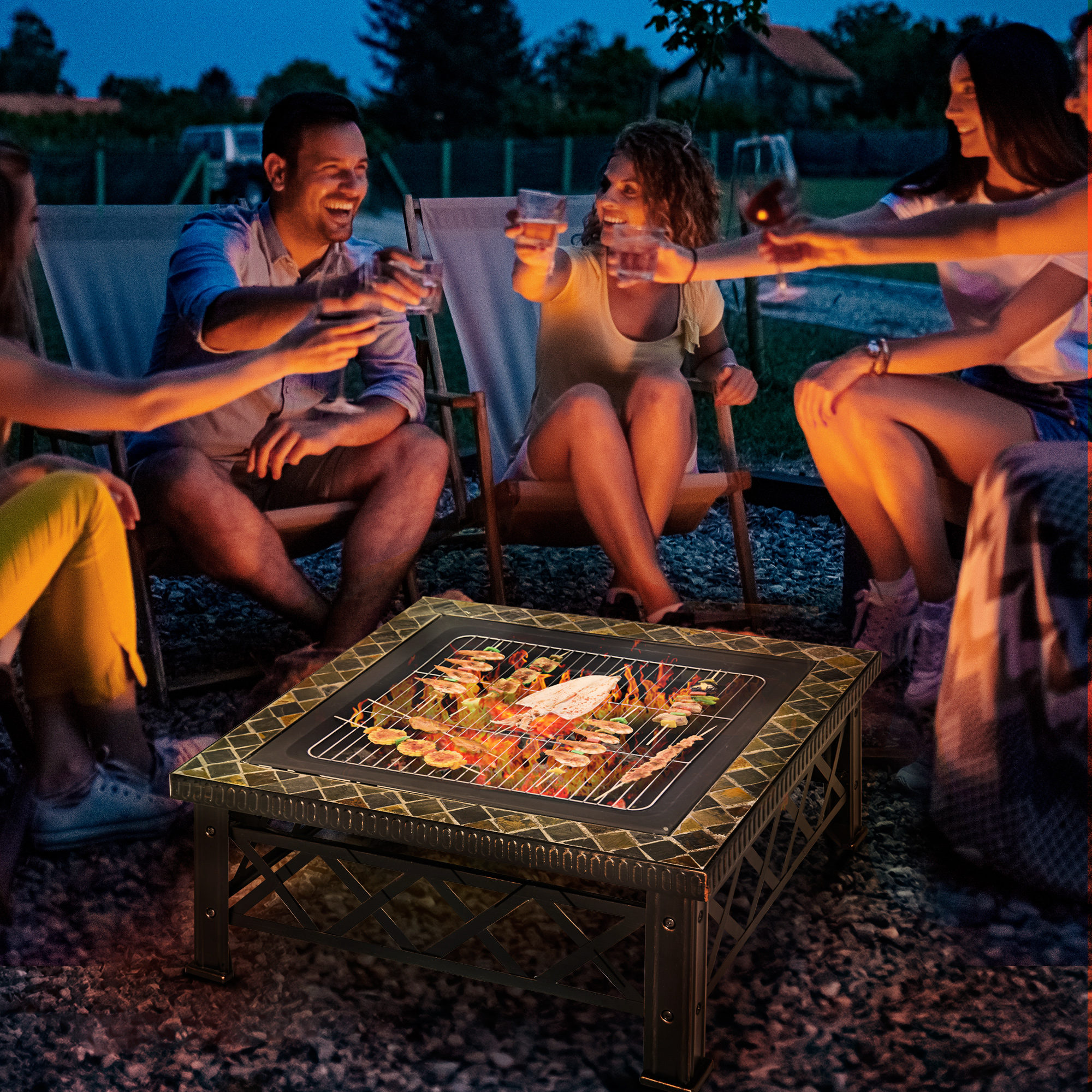 3-in-1 Feuerschale Feuerkorb Feuerstelle mit Funkenschutz Grillrost Eiskübel Garten BBQ Schwarz 76cm x 76cm x 47cm
