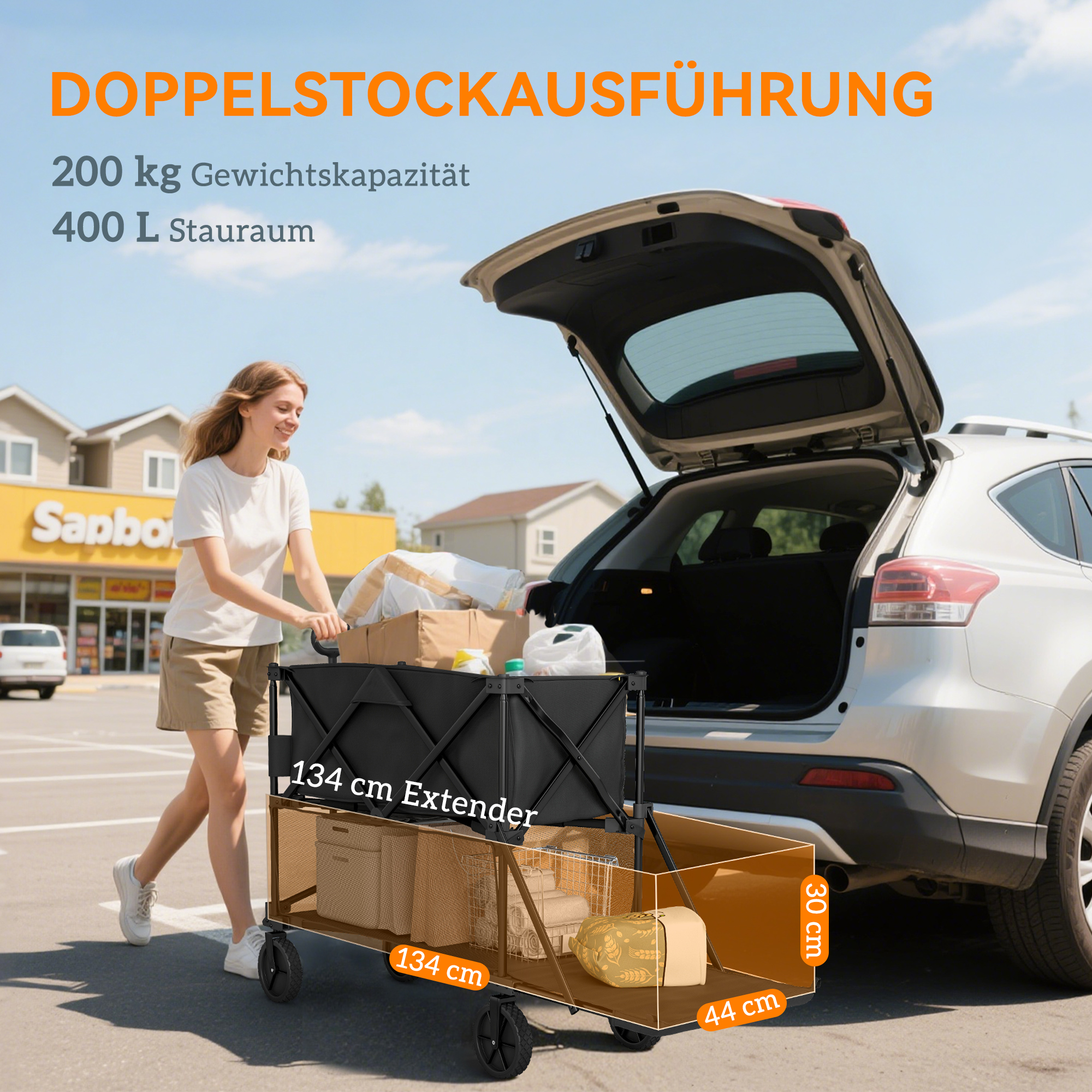 Gartenwagen 200 kg belast zweistufige Transportwagen mit herausnehmbare Plane 369,5 Liter Schwarz