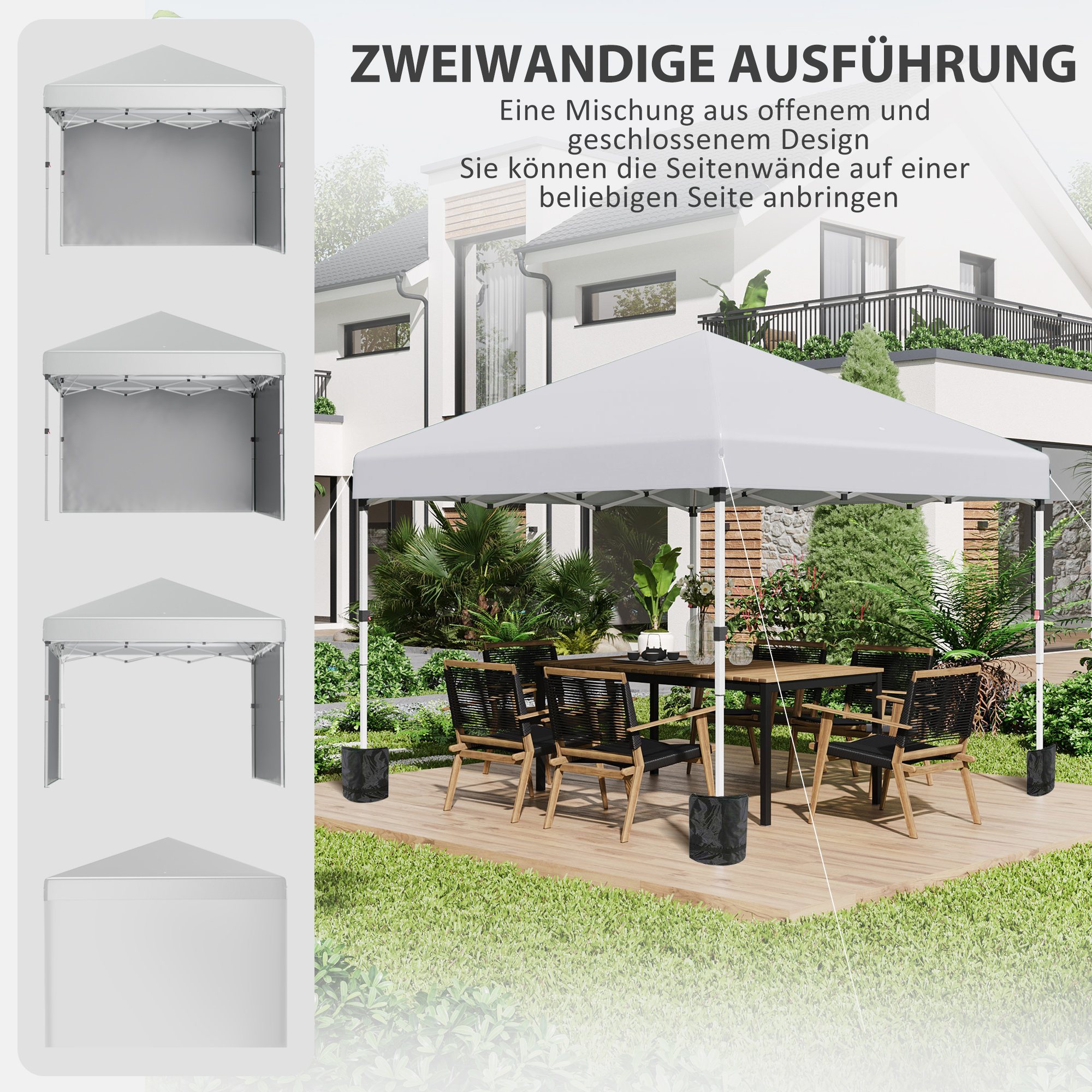 Faltpavillon, 2 Seitenwände, höhenverstellbar, mit Transporttasche, rostfreies Stahlgestell, 3x3 m, Weiß