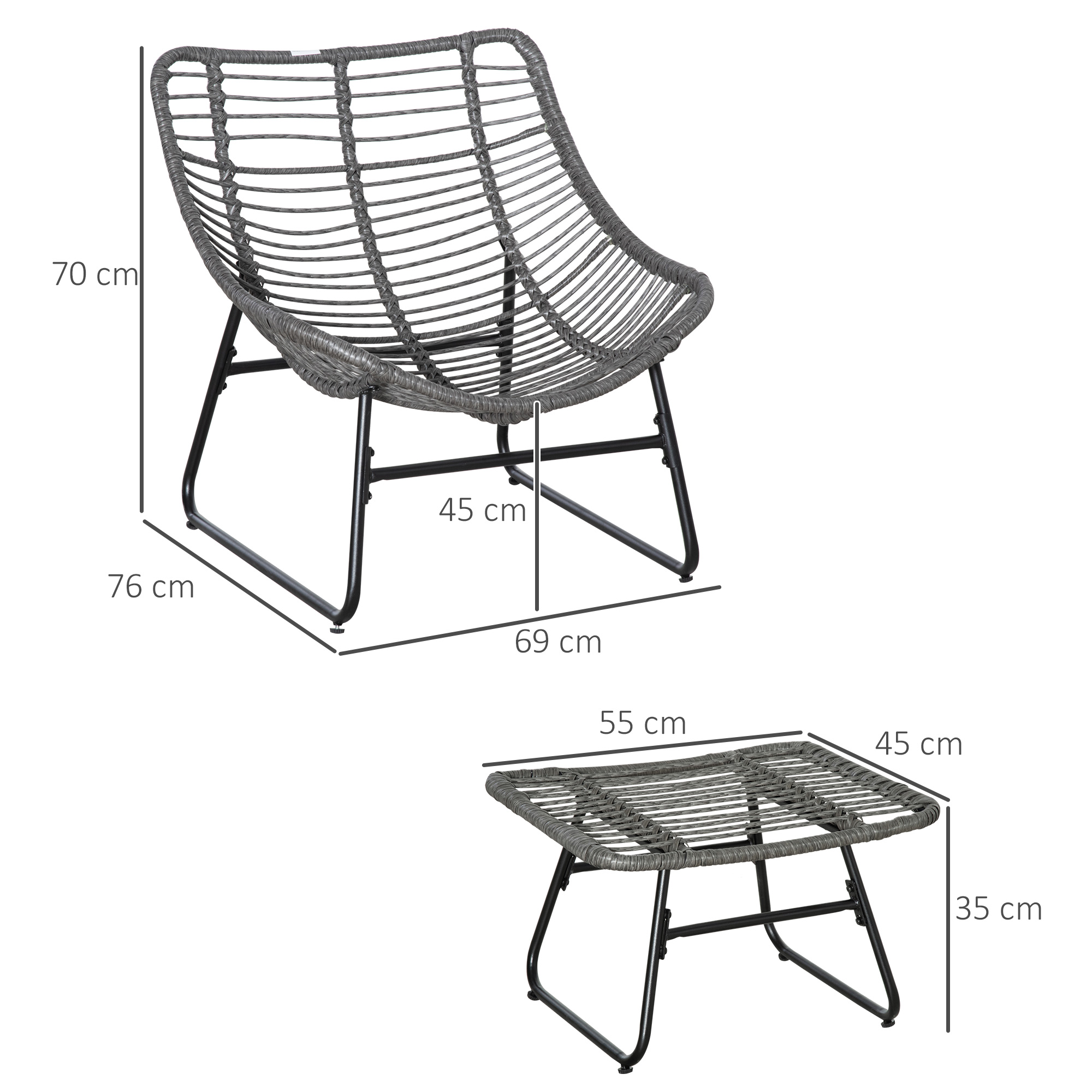 Rattan Relaxsessel mit Fußhocker, Gartensessel mit dicke Kissen Outdoor Rattanstuhl Gartenstuhl für Garten, Balkon, Terrasse Grau