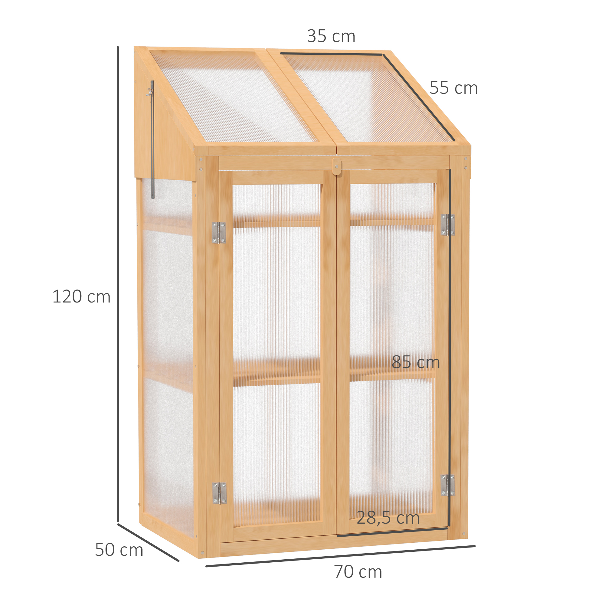 Mini-Gewächshaus, kleines Treibhaus mit Holzrahmen, Fenster und Doppeltür, 3 Regale, 70L x 50B x 120H cm, Braun
