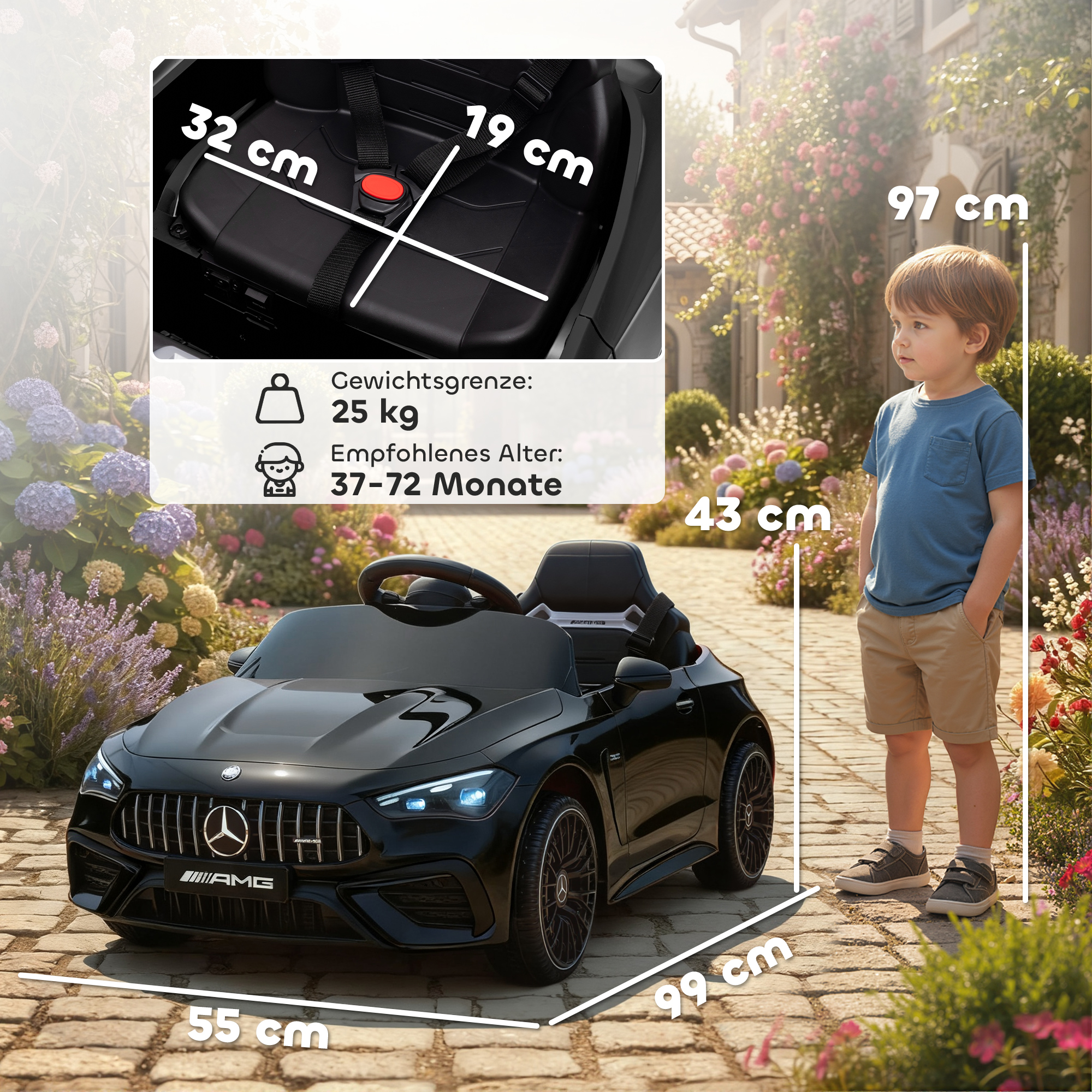 Kinder-Elektroauto, Mercedes-Design, 12V Motoren, Fernbedienung, LED-Lichter, Musik, für 3-6 Jahren Kinder, Schwarz
