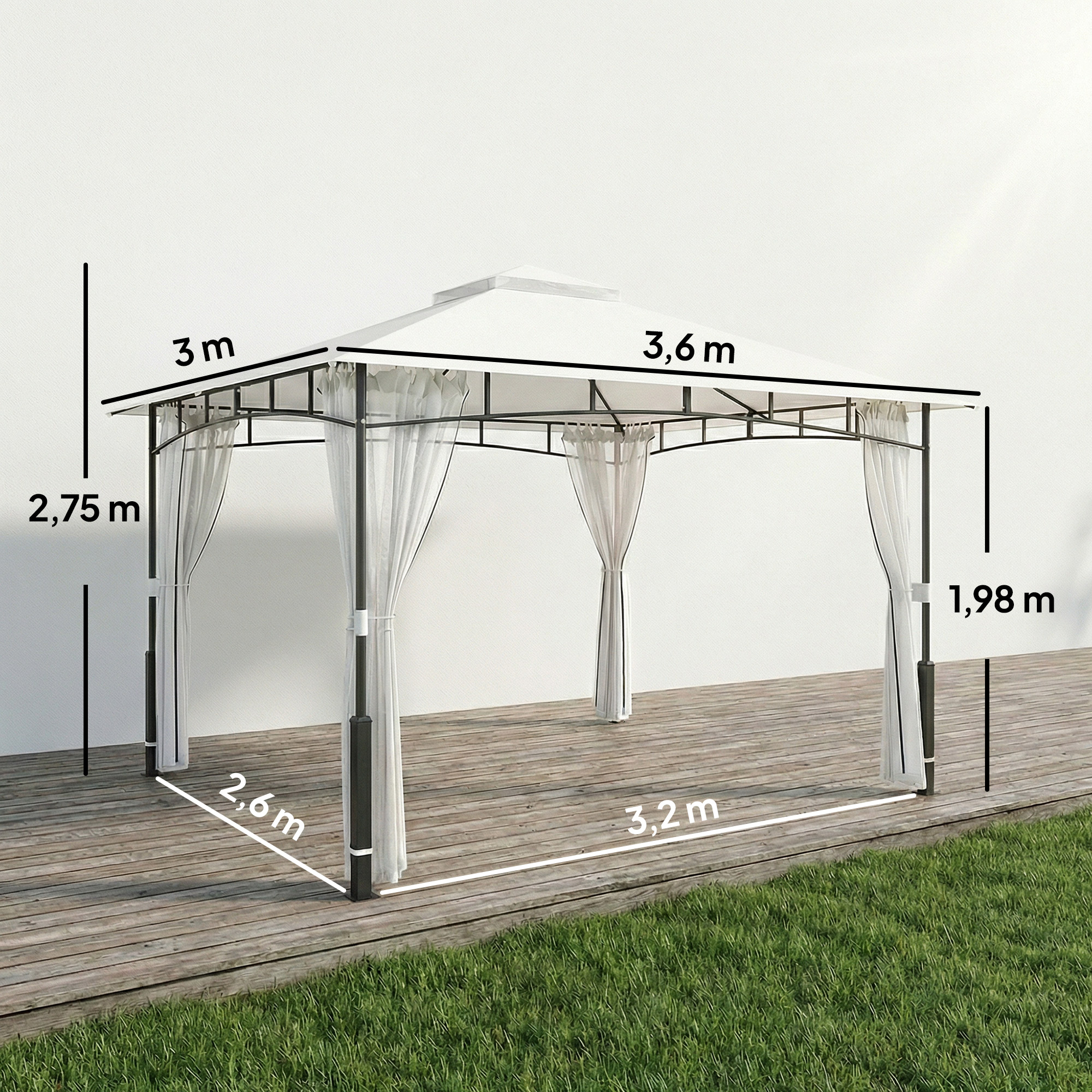 Pavillon, 3x3,6 m wasserabweisend Stabil Gartenpavillon mit Moskitonetz, Doppeldach, für Garten, Terrasse, Schwarz