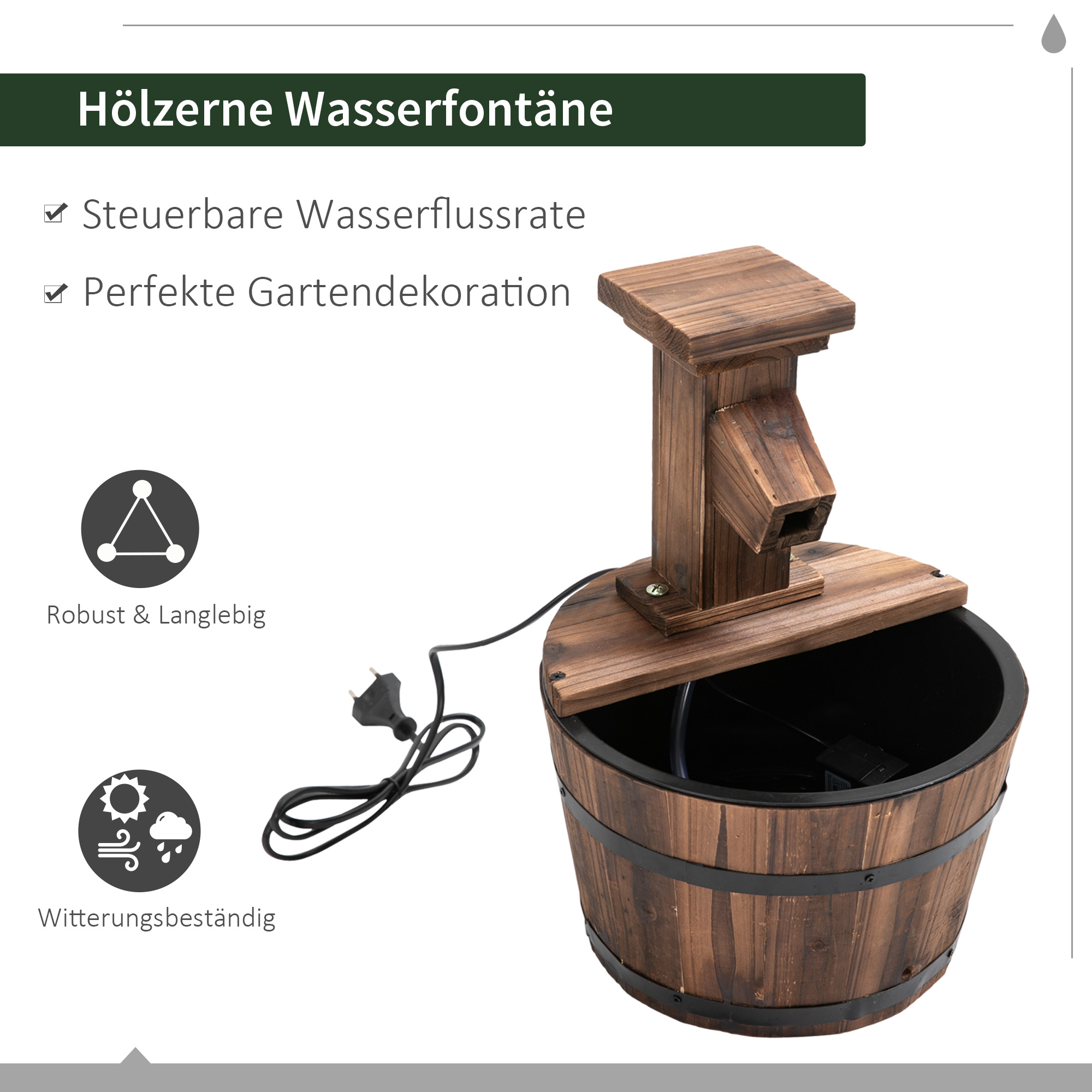 Gartenbrunnen Zierbrunnen Springbrunnen Fassbrunnen Wasserfall Holzeimer Tannenholz + Metall Dunkelbraun Ø27 x 37 cm