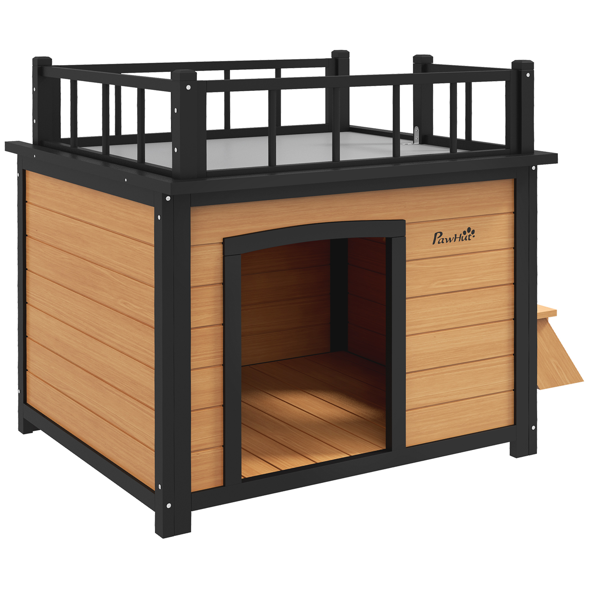Hundehütte mit Dachterrasse, wetterfest, Holz, 121x77x78cm, Schwarz/Gelb