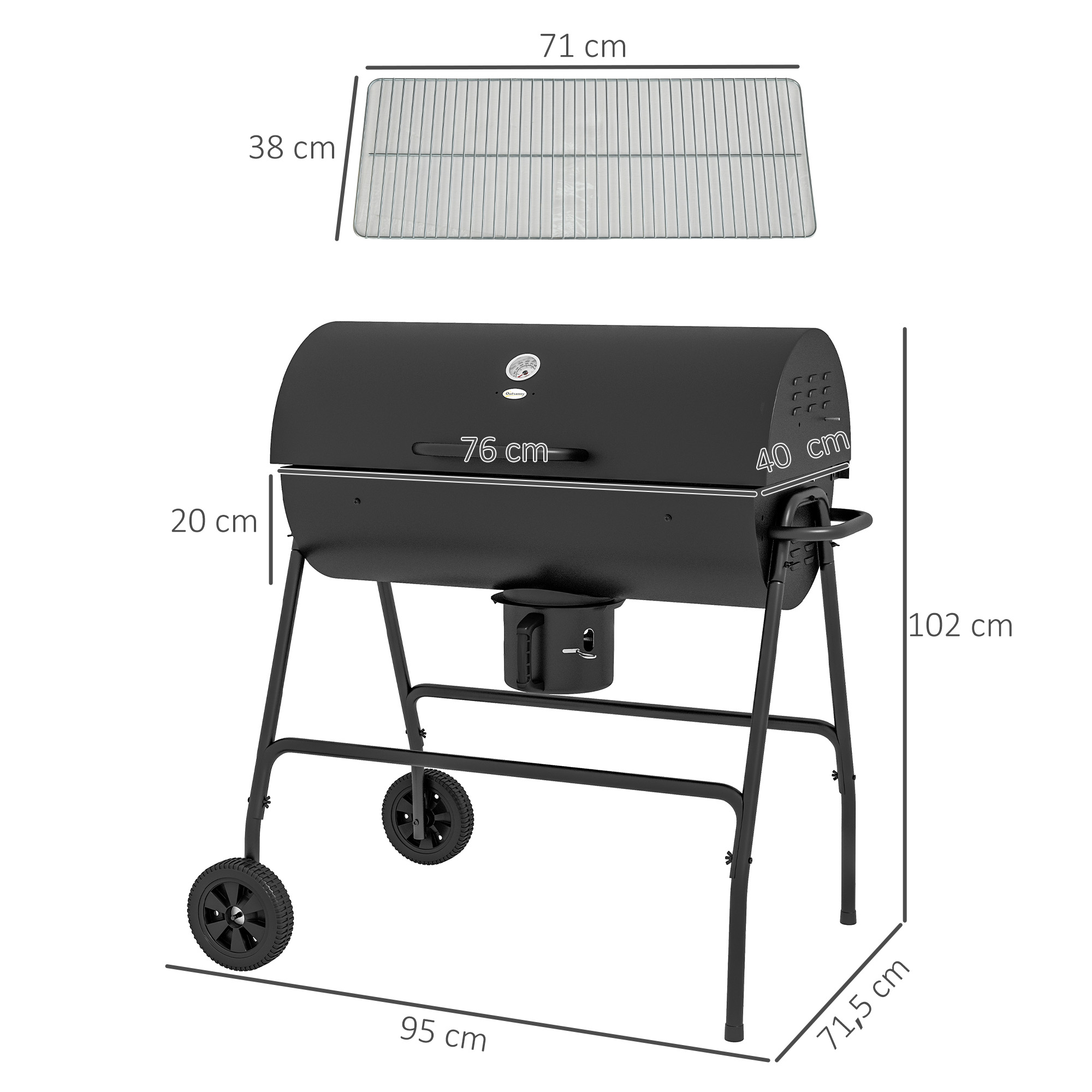 Holzkohlegrill aus Metall BBQ Smoker mit Deckel Thermometer Räder Grillwagen 95x71,5x102 cm Schwarz