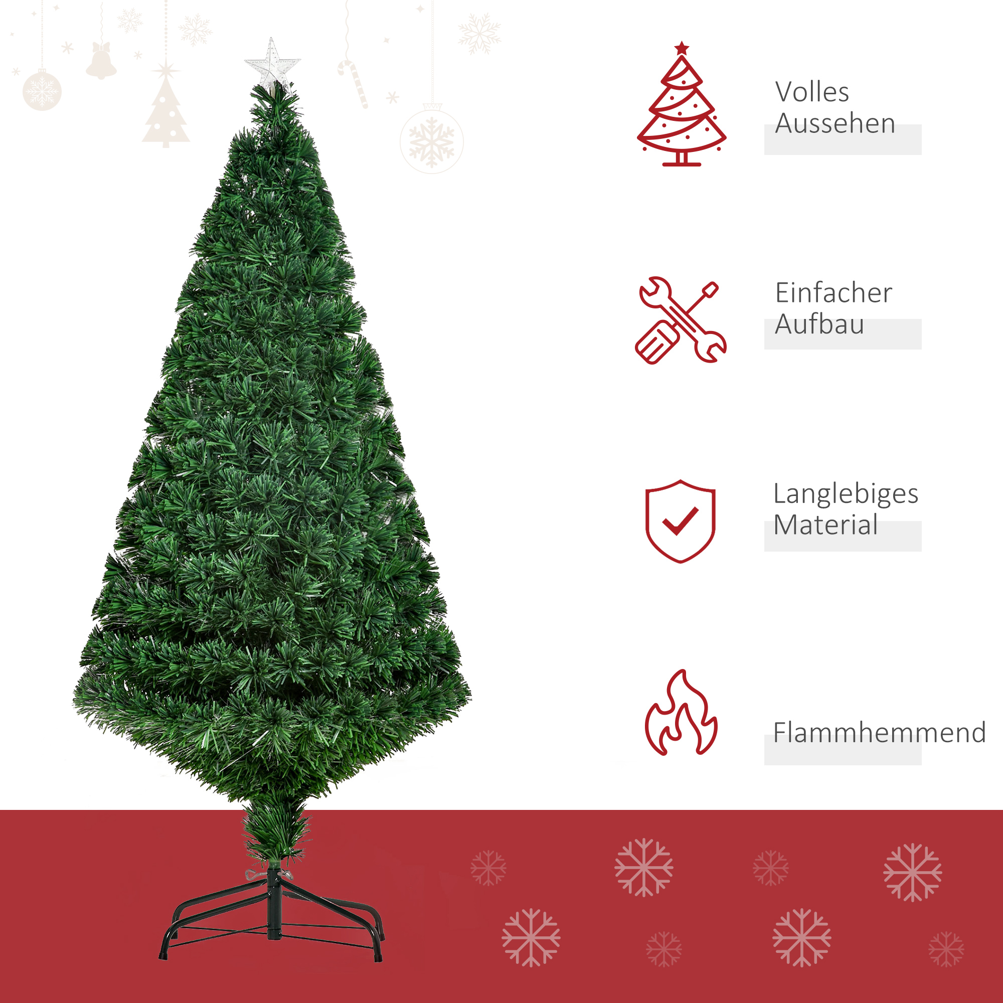 Künstlicher Weihnachtsbaum 150 cm mit Glasfaser künstlich Tannenbaum mit LED Beleuchtung, 180 Spitzen Christbaum Weihnachtsdeko inkl. Metallständer für drinnen