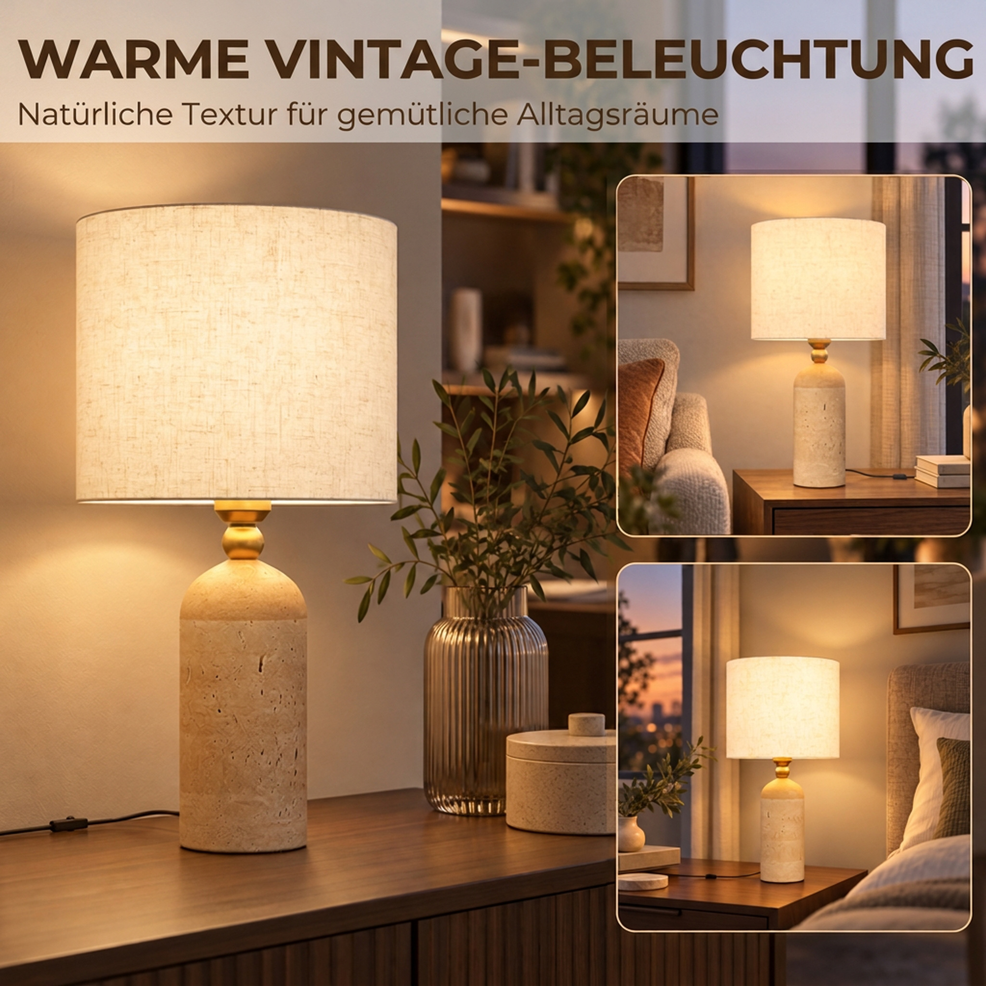 Tischlampe Vintage E27 Nachttischlampe Stoffschirm Kabel, 48 cm Beige