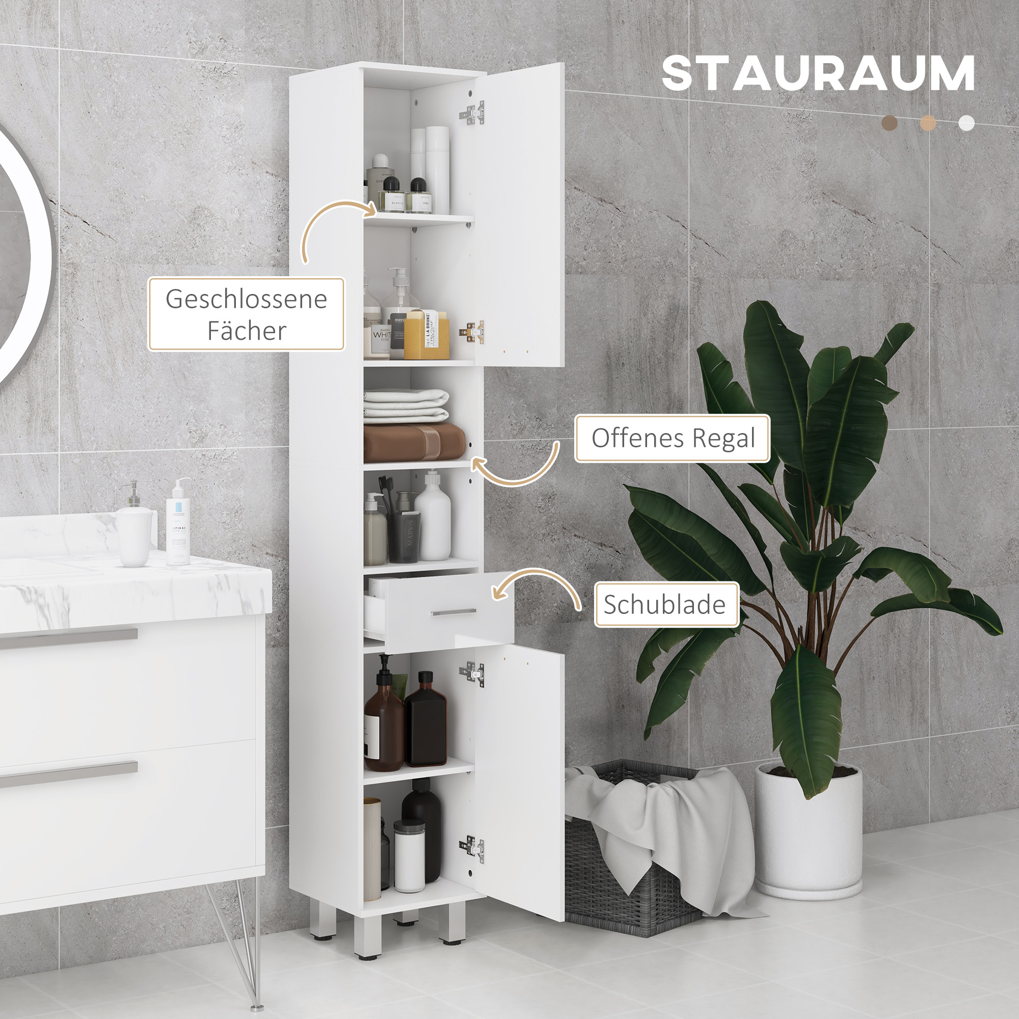 Badezimmerschrank, Badkommode, mit Regalen und Schublade, verstellbar, Weiß