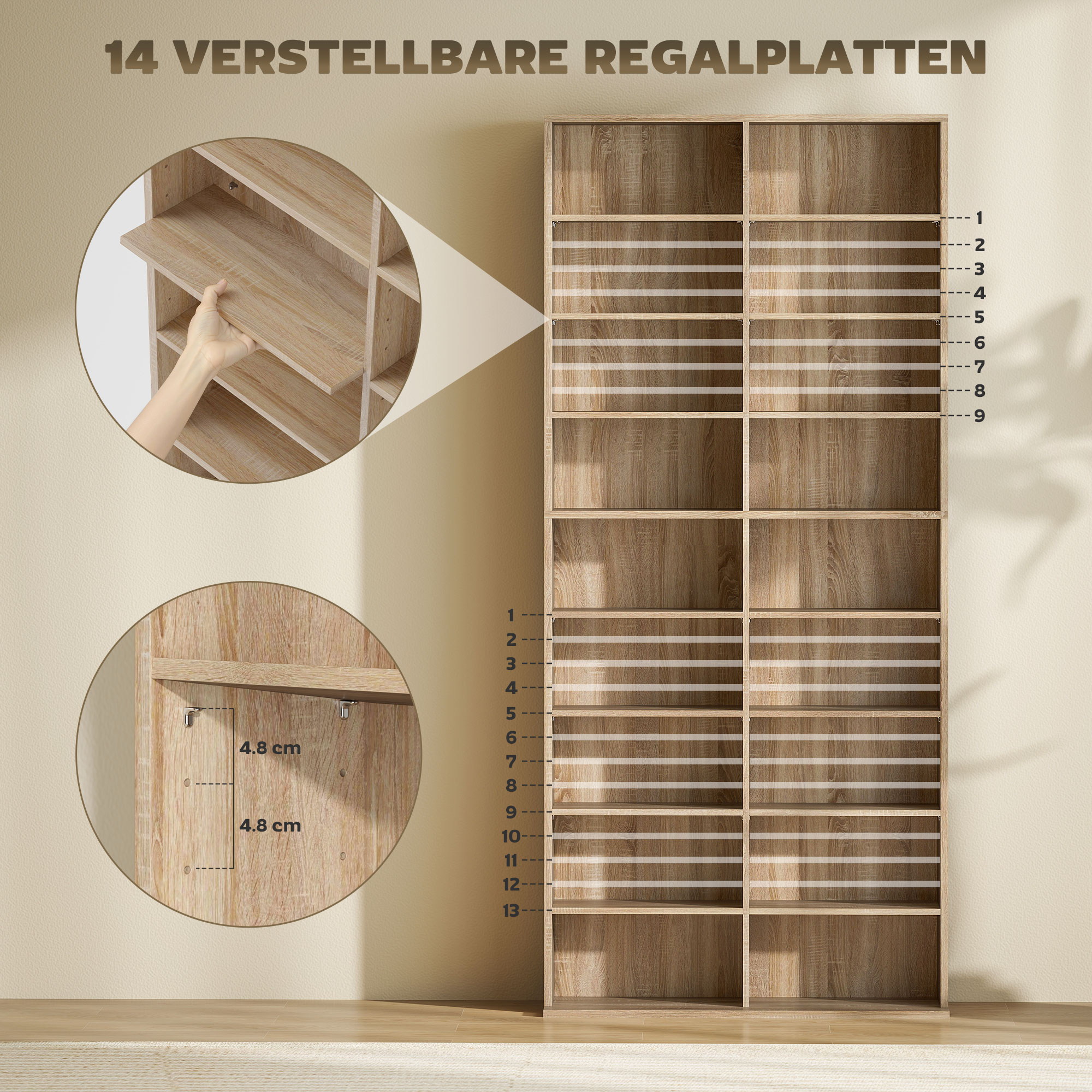 9-stufiges DVD-Regal mit 18 Fächern und 14 verstellbaren Einlegeböden, Platz für 640 CDs, 360 DVDs oder 430 Blu-rays, Naturholz
