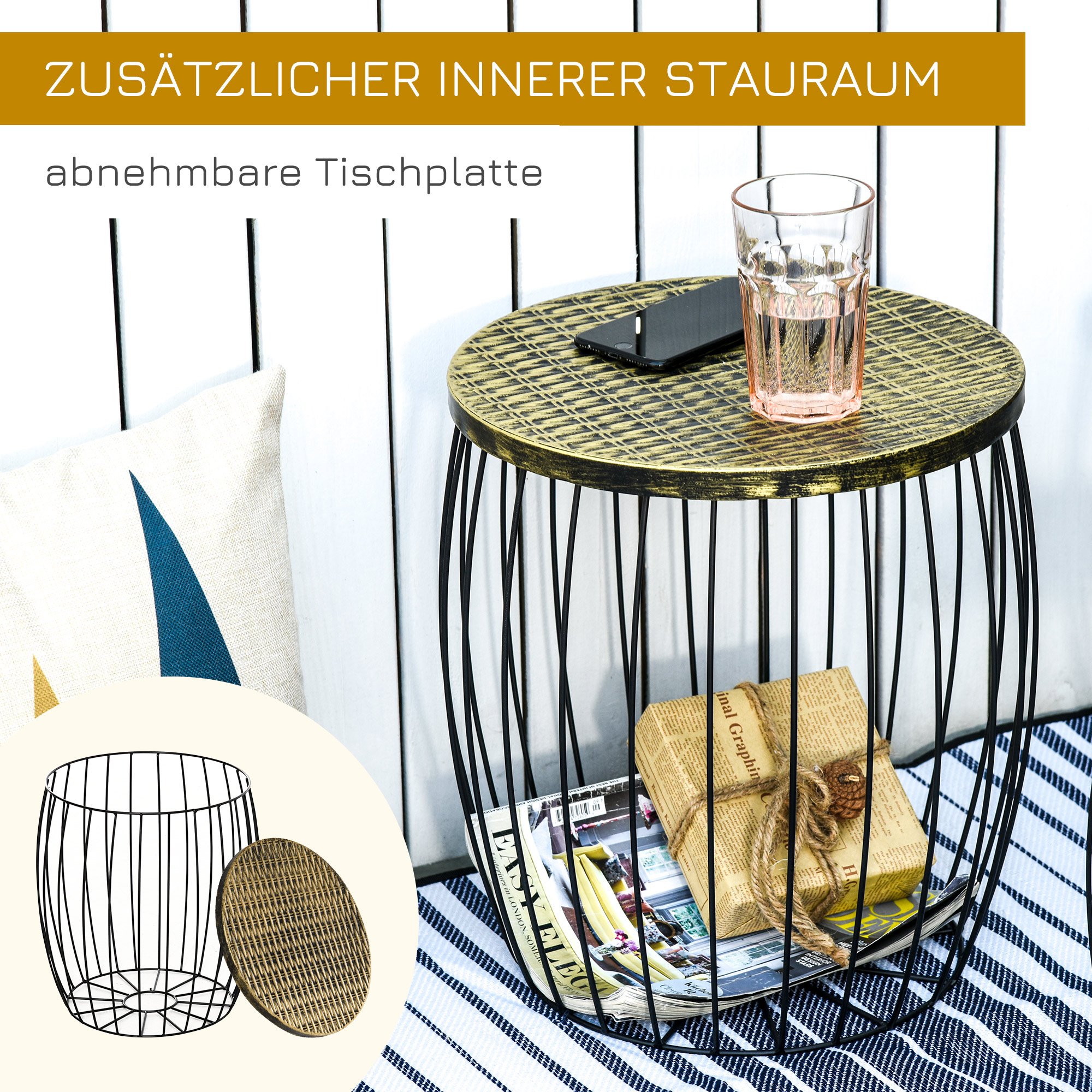 3er-Set Couchtische Beistelltische Gartentisch Retro Metallkorb Drahtkorb Garten Satztisch Gartenmöbel Outdoor Balkon Metall Natur+Schwarz 3 Größen