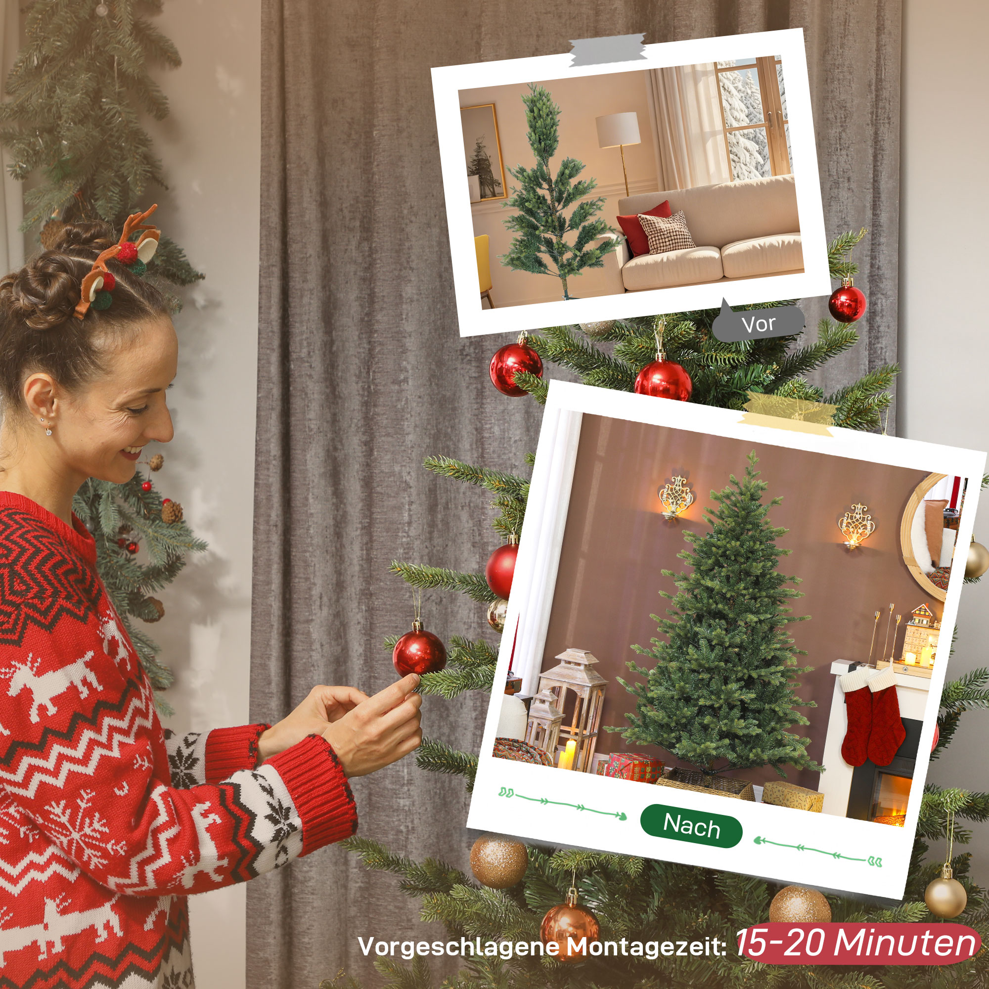 Künstlicher Weihnachtsbaum mit realistischen Zweigen, Kunst-Tannenbaum, Metallständer, leichte Montage, Grün