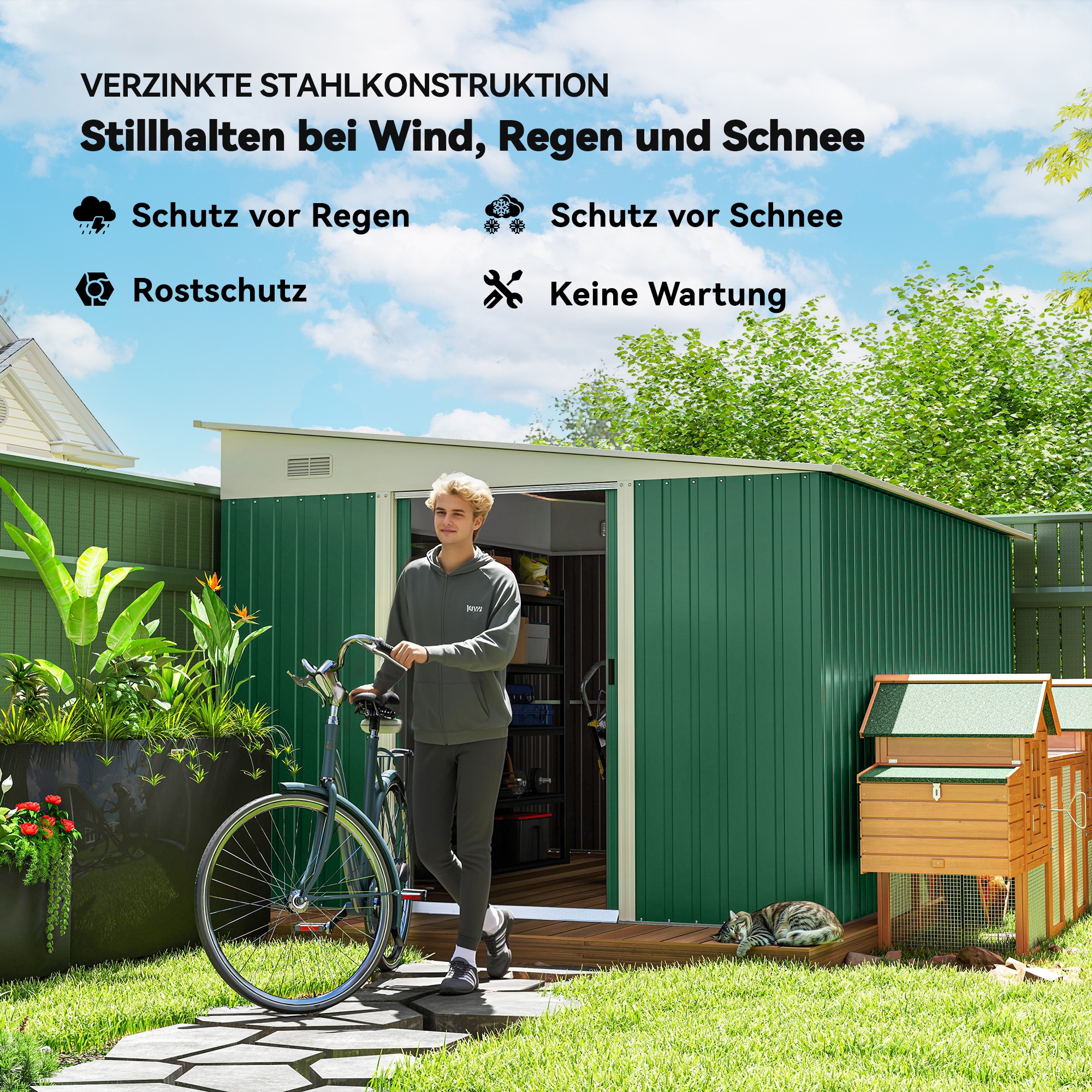 Metall-Geräteschuppen Schrägdach verriegelbare Doppeltür 2,8 x 3,45 x 2,01m Grün