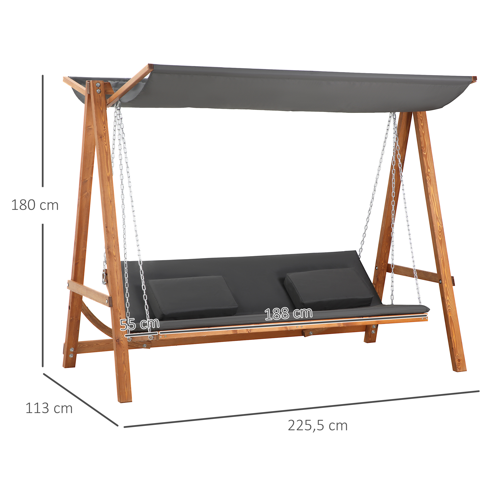 Hollywoodschaukel mit Bettfunktion 3-Sitzer Gartenschaukel Lärche mit verstellbarem Sonnendach 225,5 x 130 x 180 cm