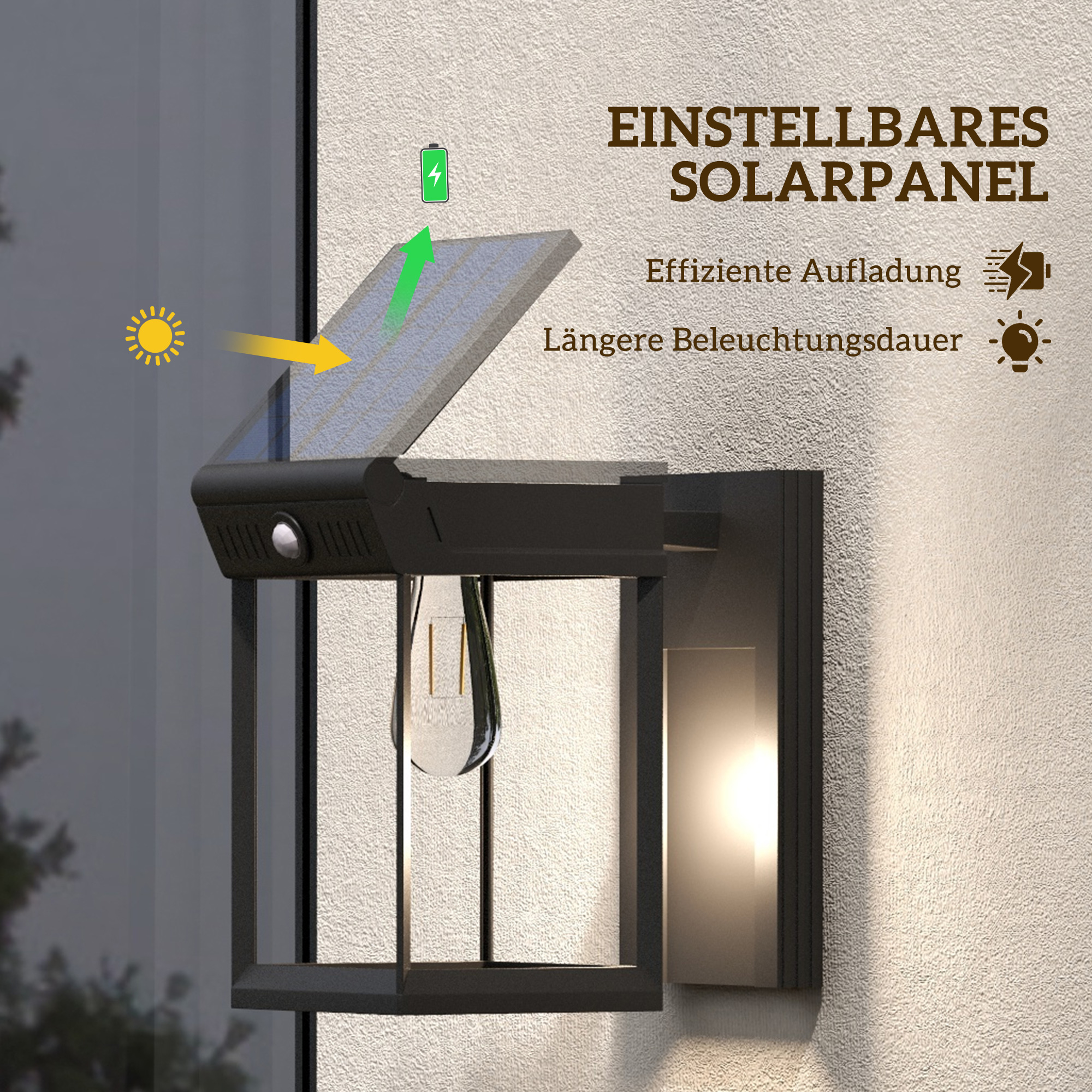 Garten-Solarlicht Außenleuchte Solarlampe, wetterbeständig, Bewegungssensor, 14 cm x 24 cm x 24 cm, Schwarz