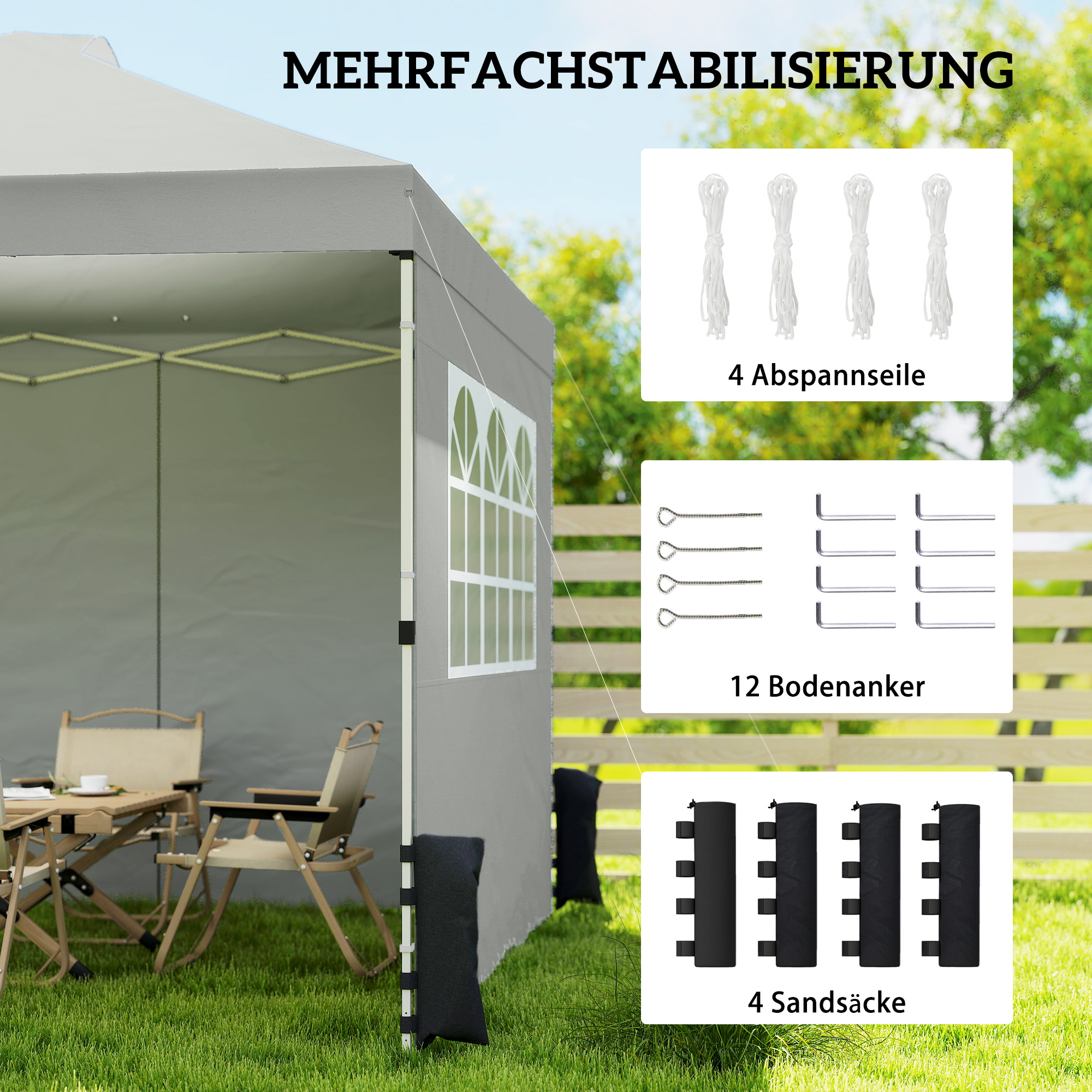 Pavillon ca. 3x3 m Wasserdicht Höhenverstellbar Pop-up Faltpavillon mit 3 Seitenwänden Fenster Lüftung, UV 50+ Hellgrau