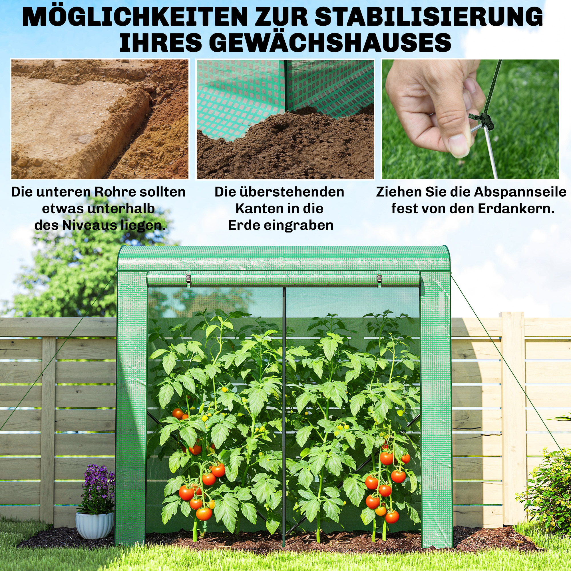 Gewächshaus mit Netzfenstern aufrollbarer Tür, Foliengewächshaus aus Stahl 200 x 75 x 188 cm Grün