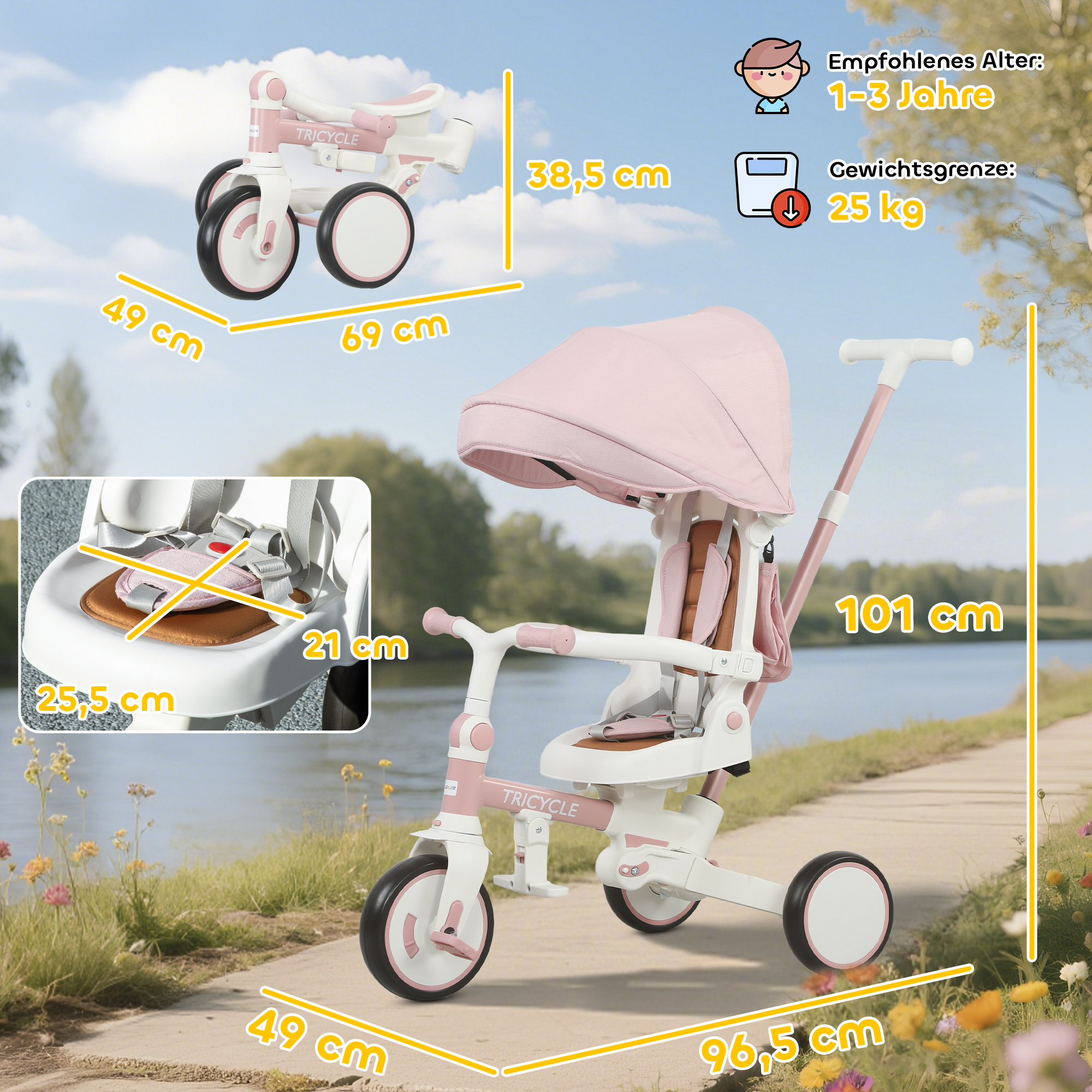 Kinder-Dreirad, wandelbarer Baby-Buggy, 5-in-1 Design, abnehmbarer Schiebegriff, verstellbar, Sicherheitsgurt, Aufbewahrungstasche, 1-3 Jahre, Rosa
