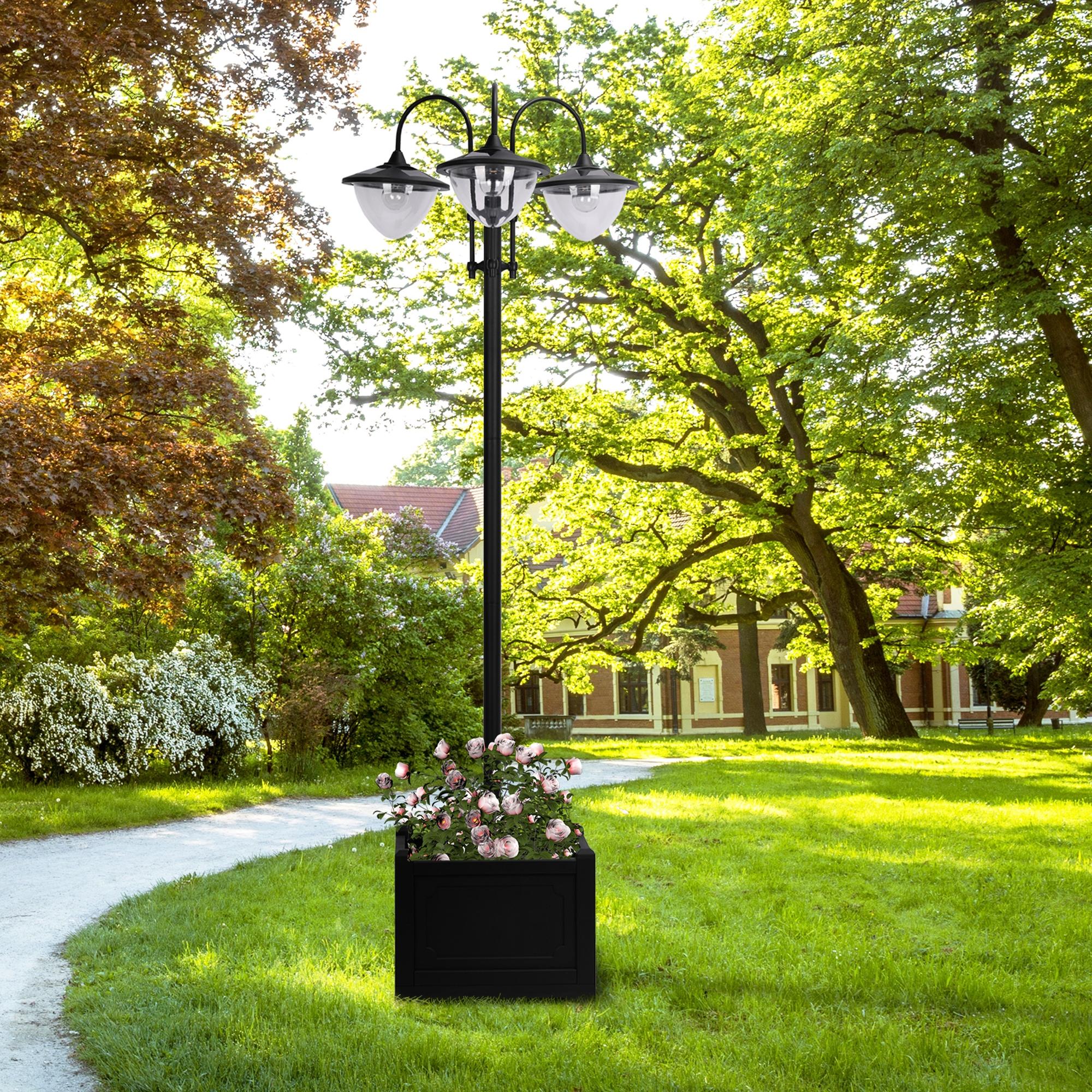 Solar Laterne Stehleuchte aus Metall, Gartenlaterne mit Lichtsteuerung, 189 cm hoch, Windlicht Außenleuchte, Wasserdicht IP44 mit Blumentopf-Basis für Garten Balkon Deko Schwarz