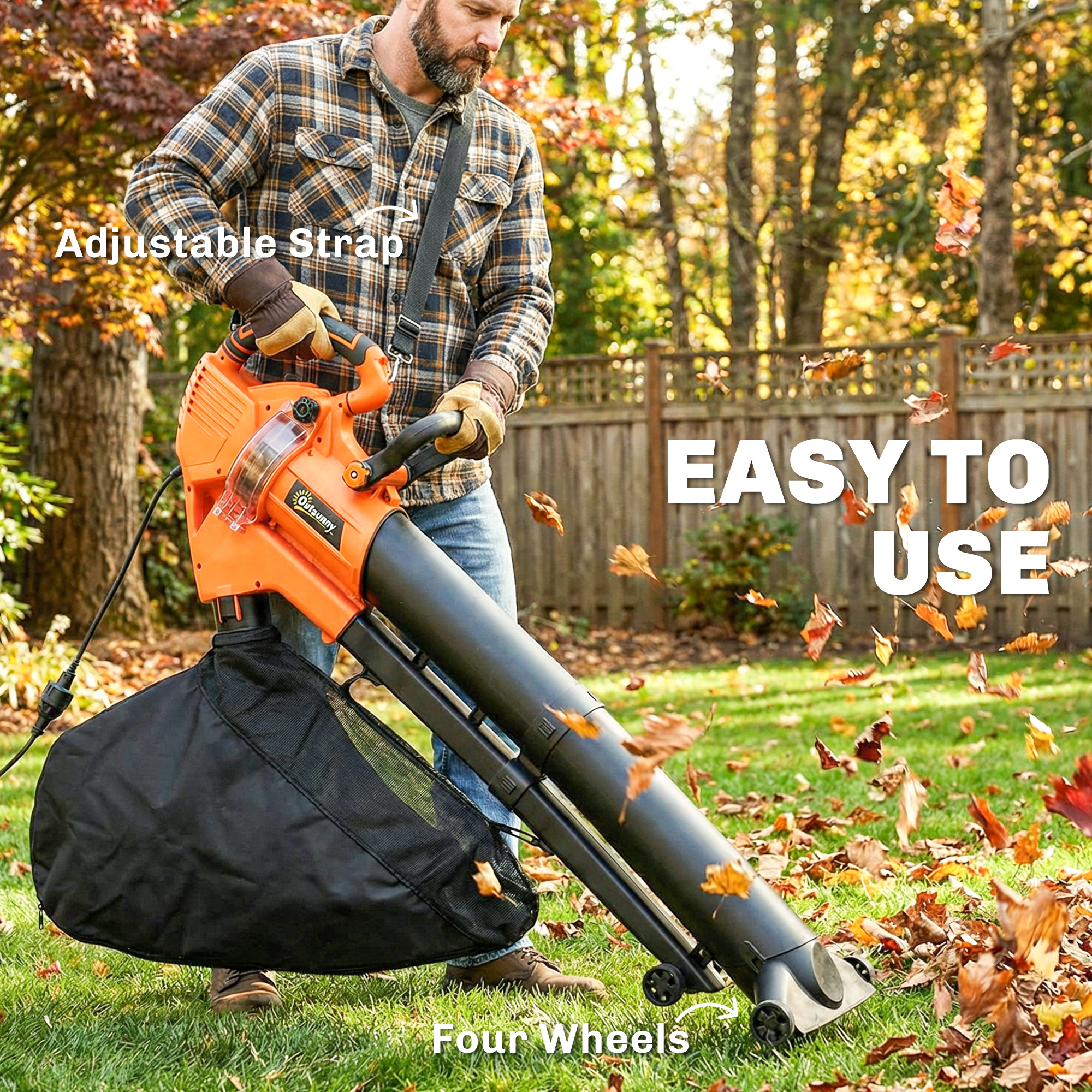 3000W 3-in-1 Elektrischer Laubbläser und Staubsauger mit 40L Auffangbeutel, 4 Rädern, verstellbarem Gurt, Orange