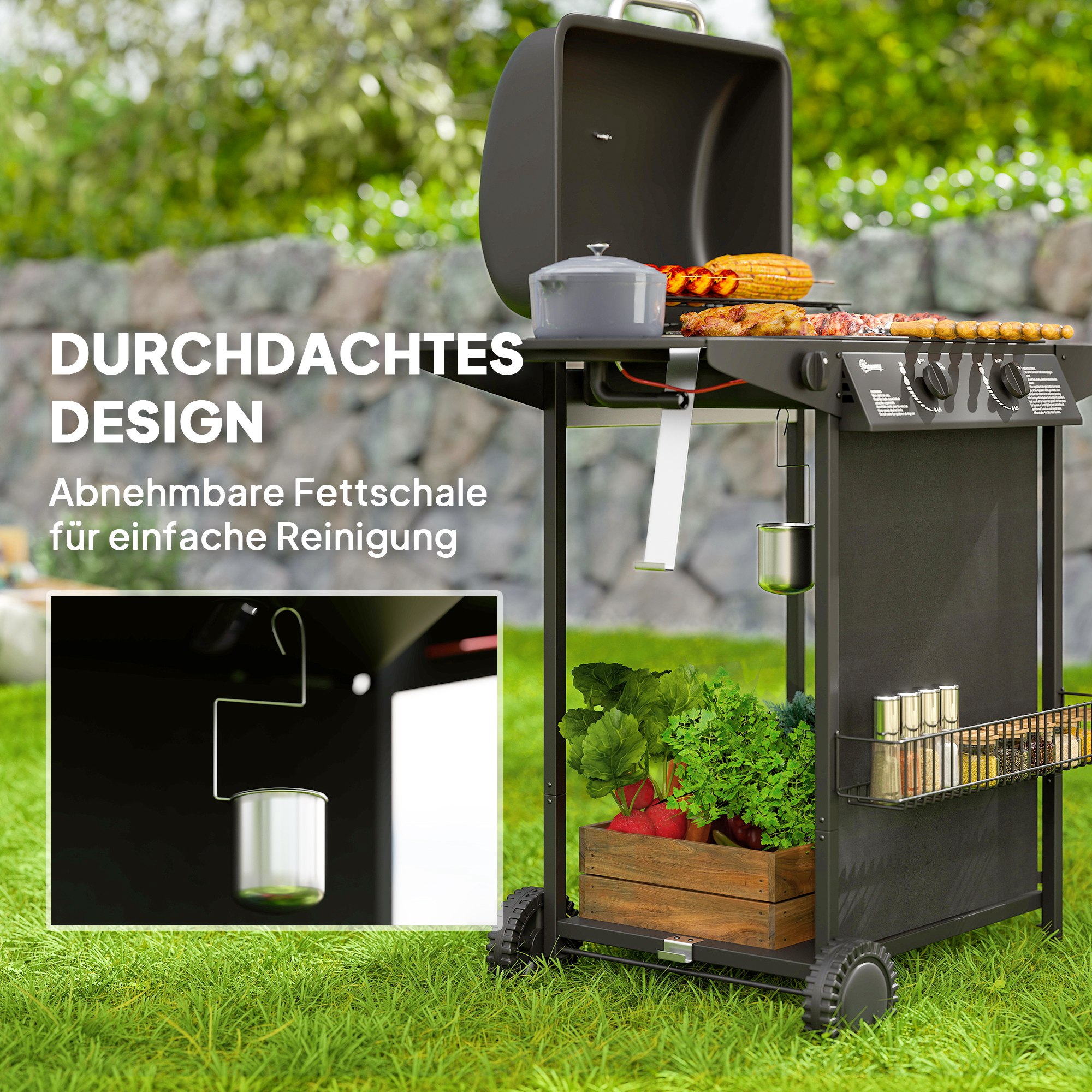 Gasgrill 7 KW Grillwagen inkl 3 Brenner Seitenkocher Rolle Deckel 107 x 54 x 96 cm Schwarz
