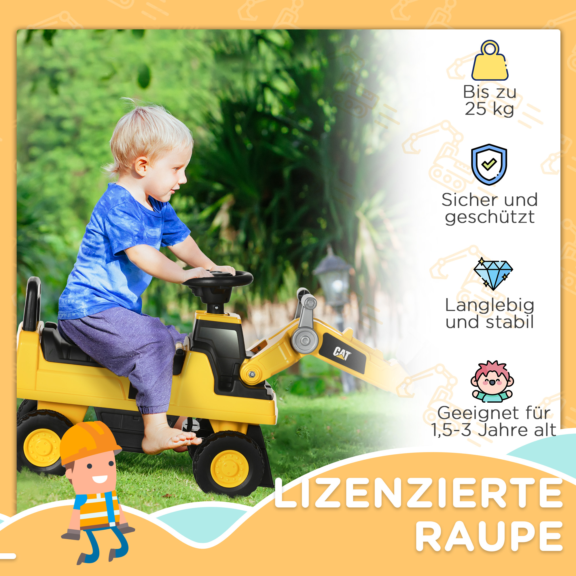 Kinderbagger, Rutscher, bedienbare Baggerschaufel, Kippschutz, rutschfeste Räder, gelb+schwarz, 78 x 29,5 x 54 cm