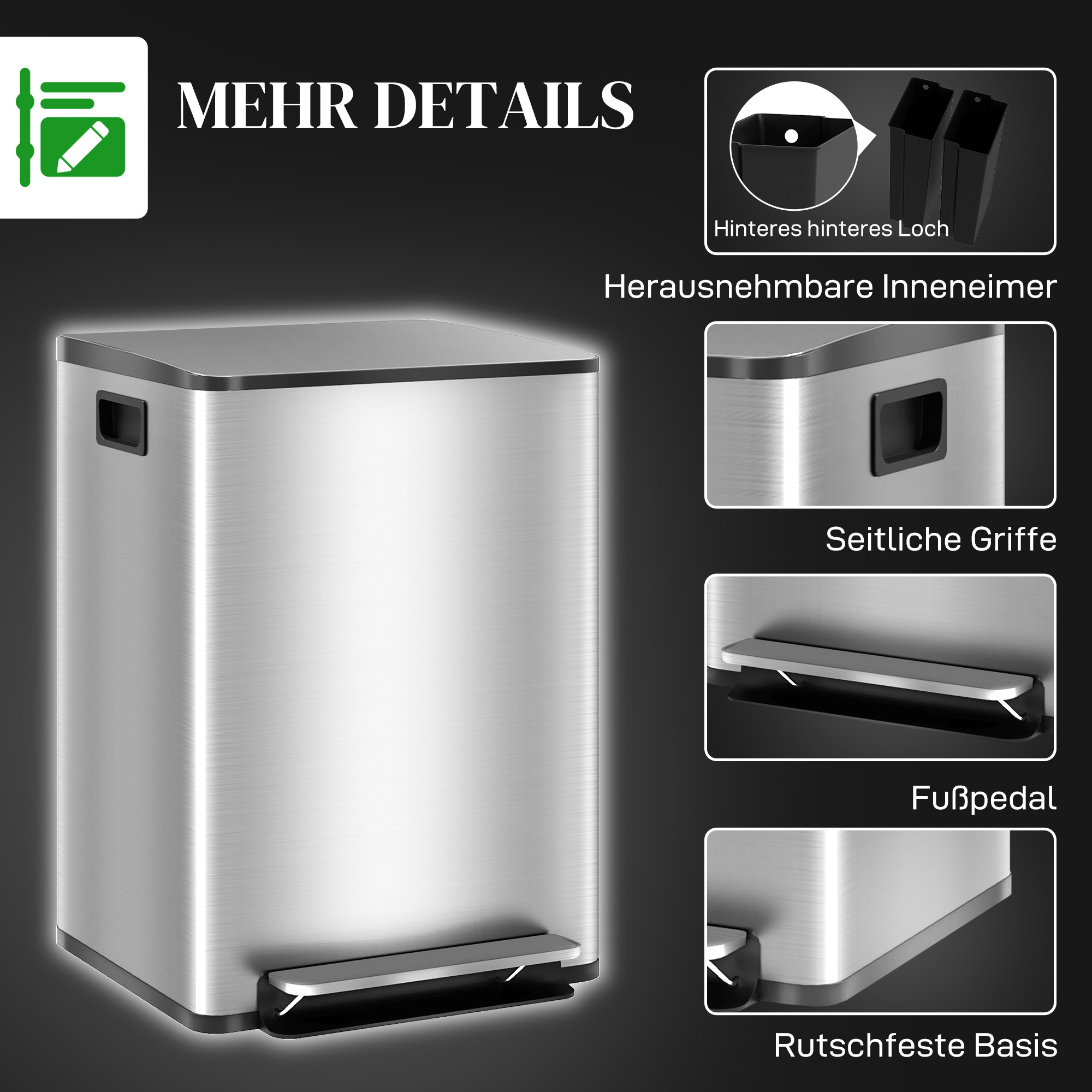 Mülleimer mit 2x20l Fächern, Soft-Close-Deckel, Fingerabdrucksicher, Edelstahl, Silber
