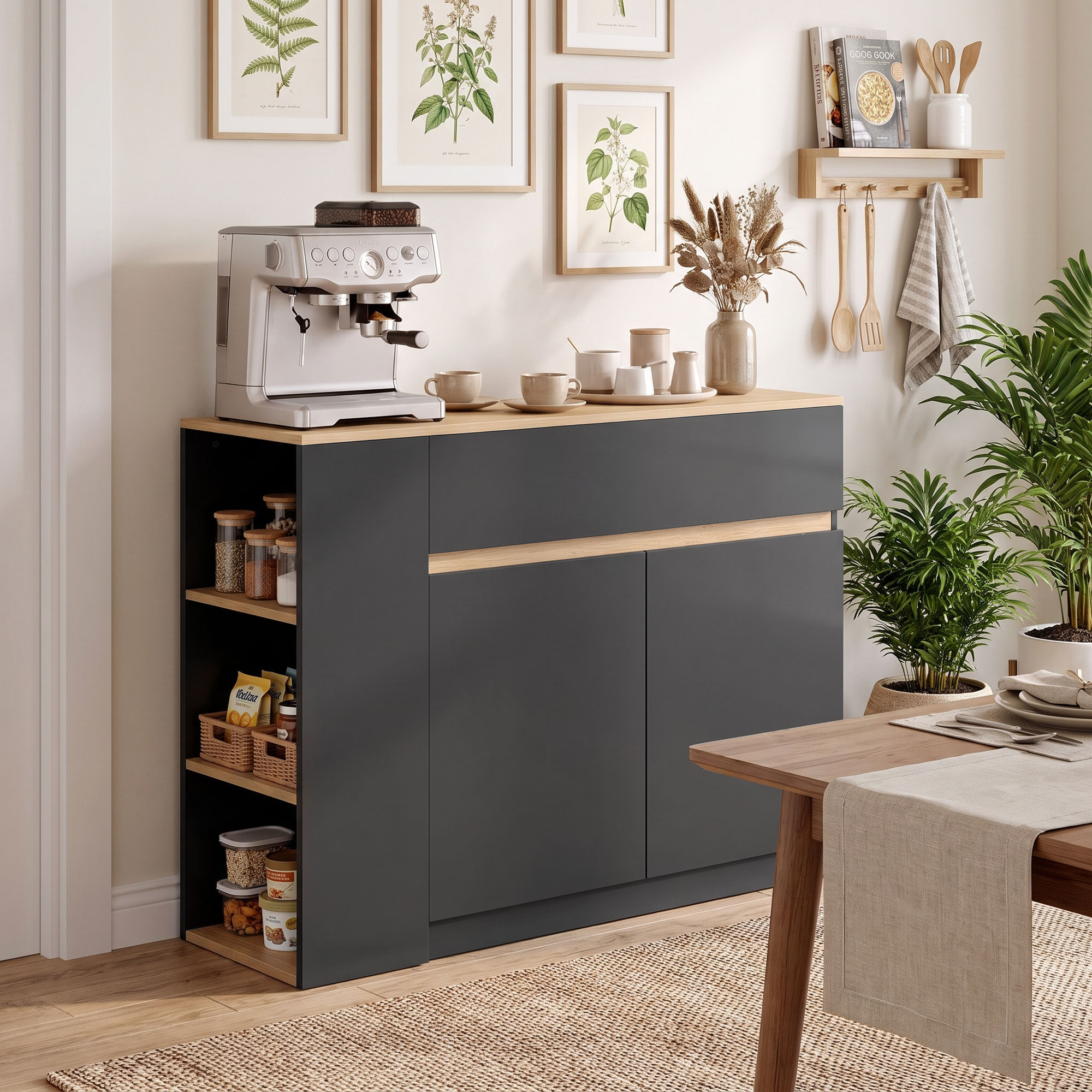 Sideboard, Buffet, großes Schrankfach, 3-stufiges Regal, Schublade, schwarz, 110 x 29,5 x 82cm