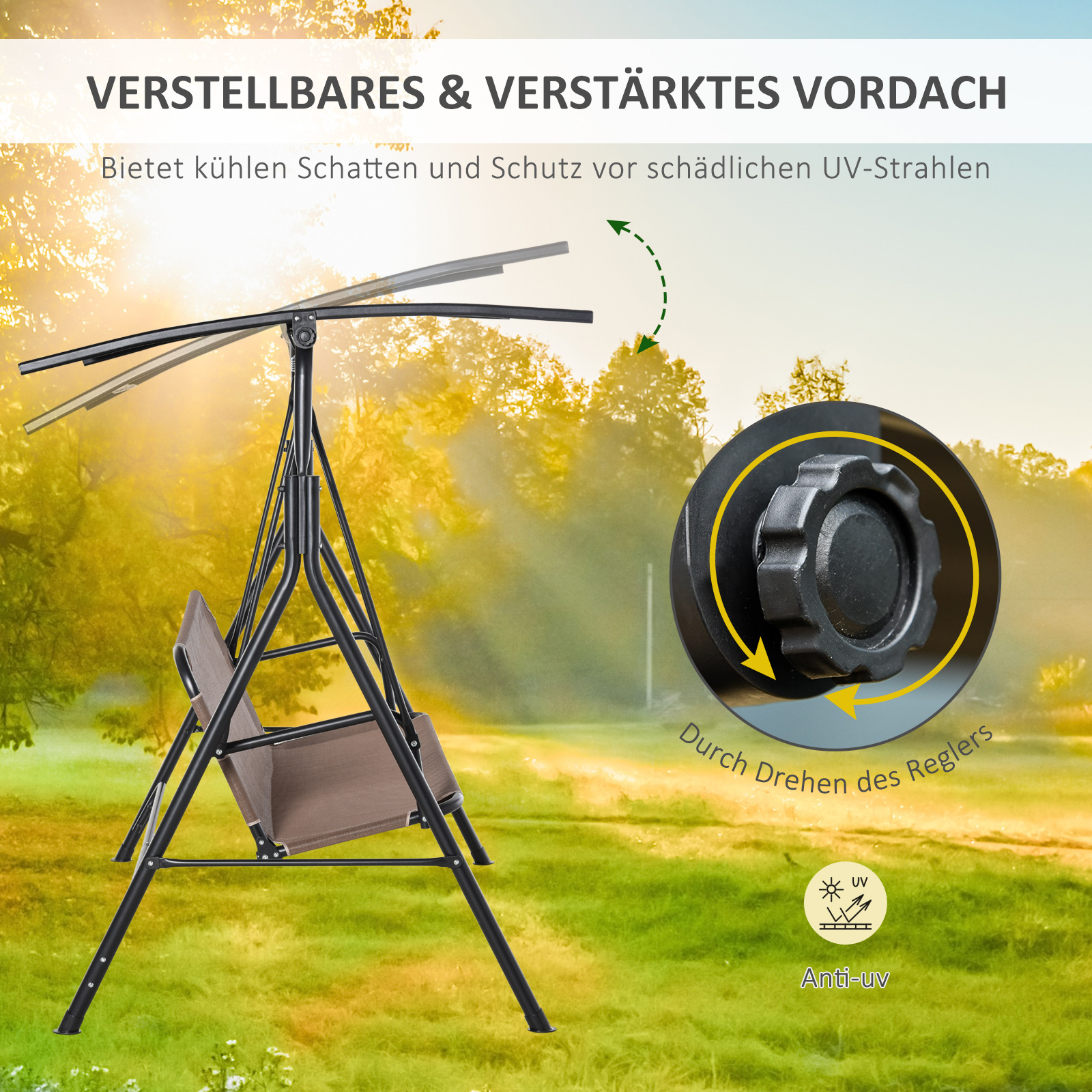2-Sitzer Hollywoodschaukel Outdoor Gartenliege UV-beständig Hochwertiges Metallrohr winkeleinstellbar Braun
