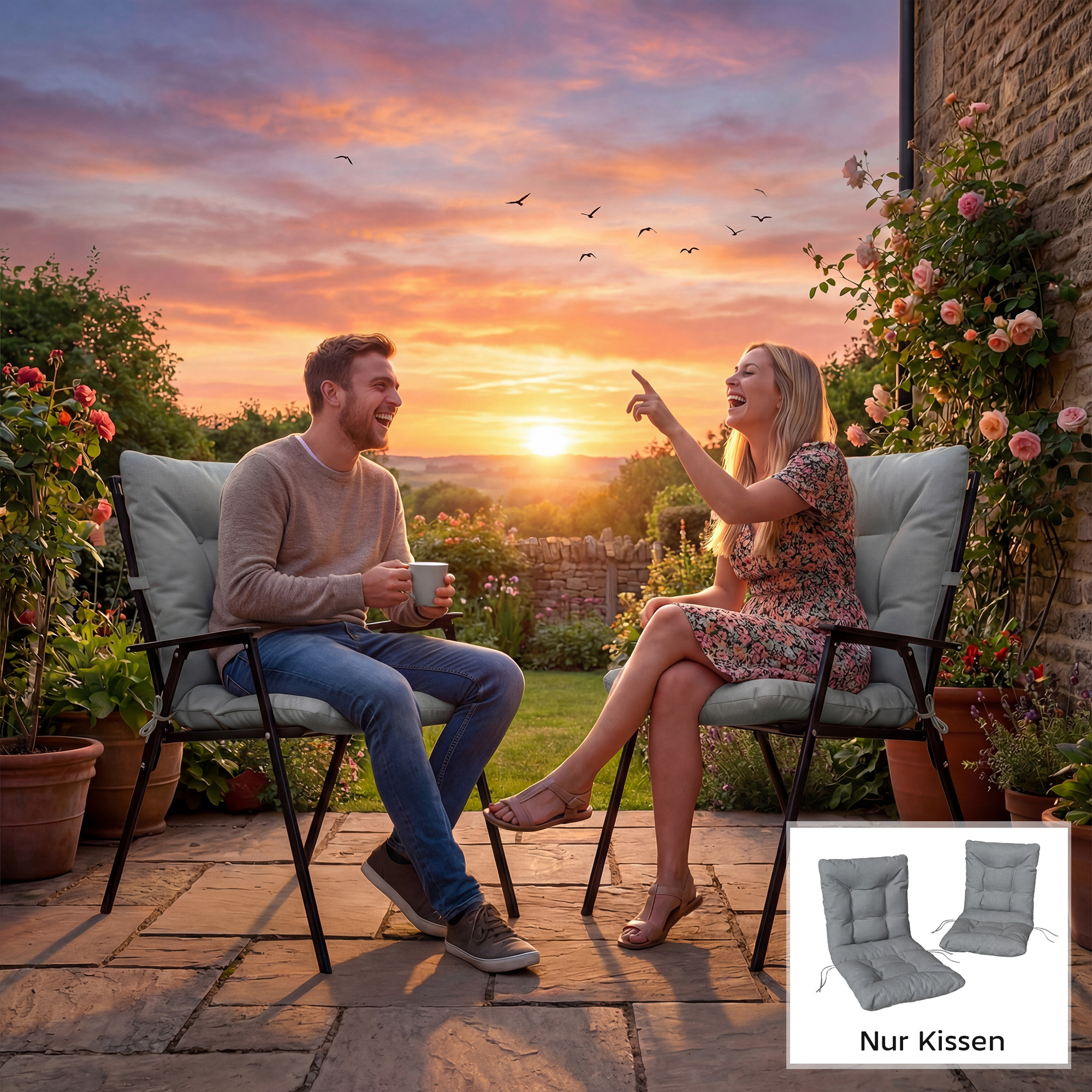 Outdoor-Sitzkissen mit Rückenlehne und Bändern, wasserabweisende Polster für drinnen und draußen, Hellgrau