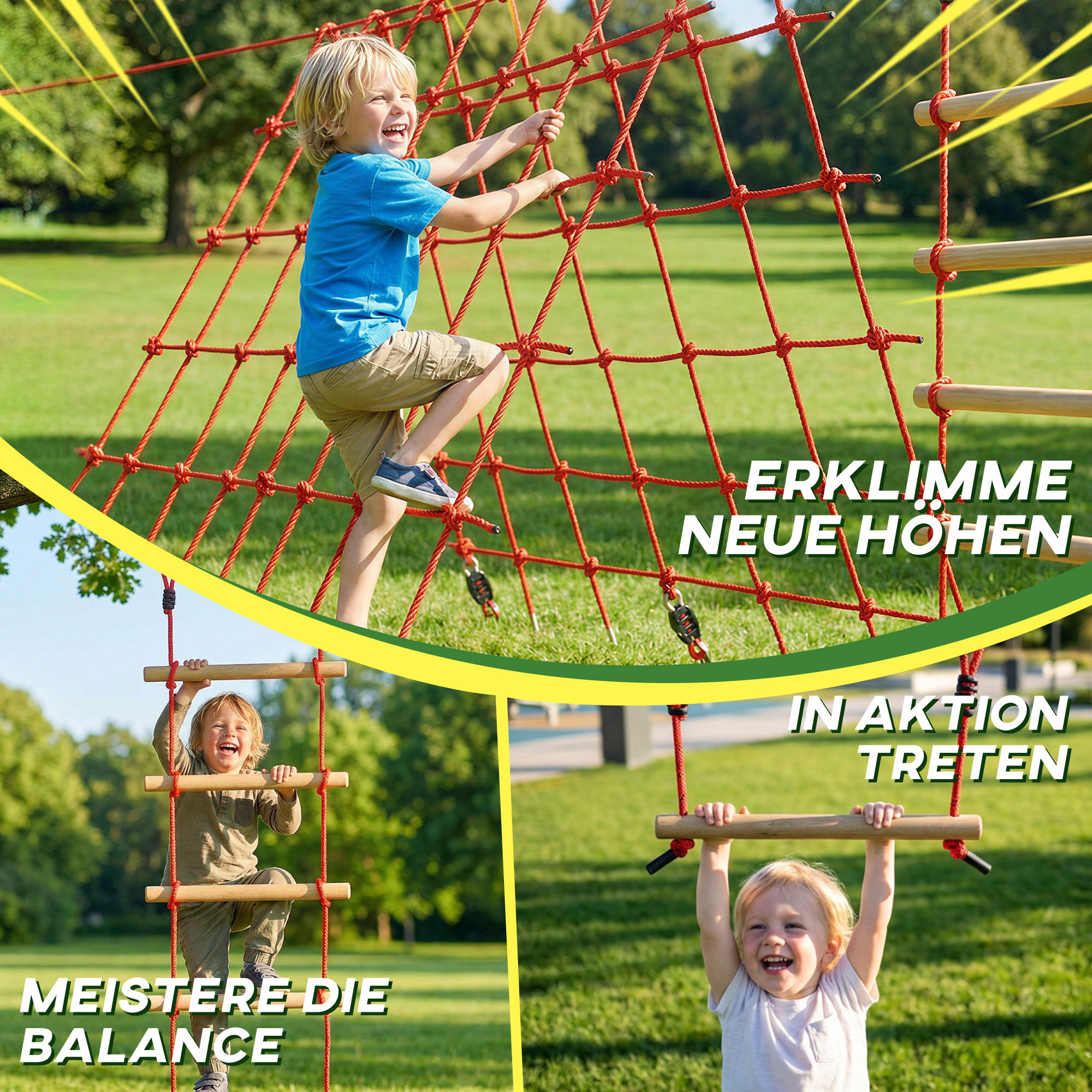 Ninja Line Kinder 10m Slackline Set mit Turnringe Schaukel Kletterleiter Kletternetz für 3-6 Jahre 1000x300x180 cm Rot
