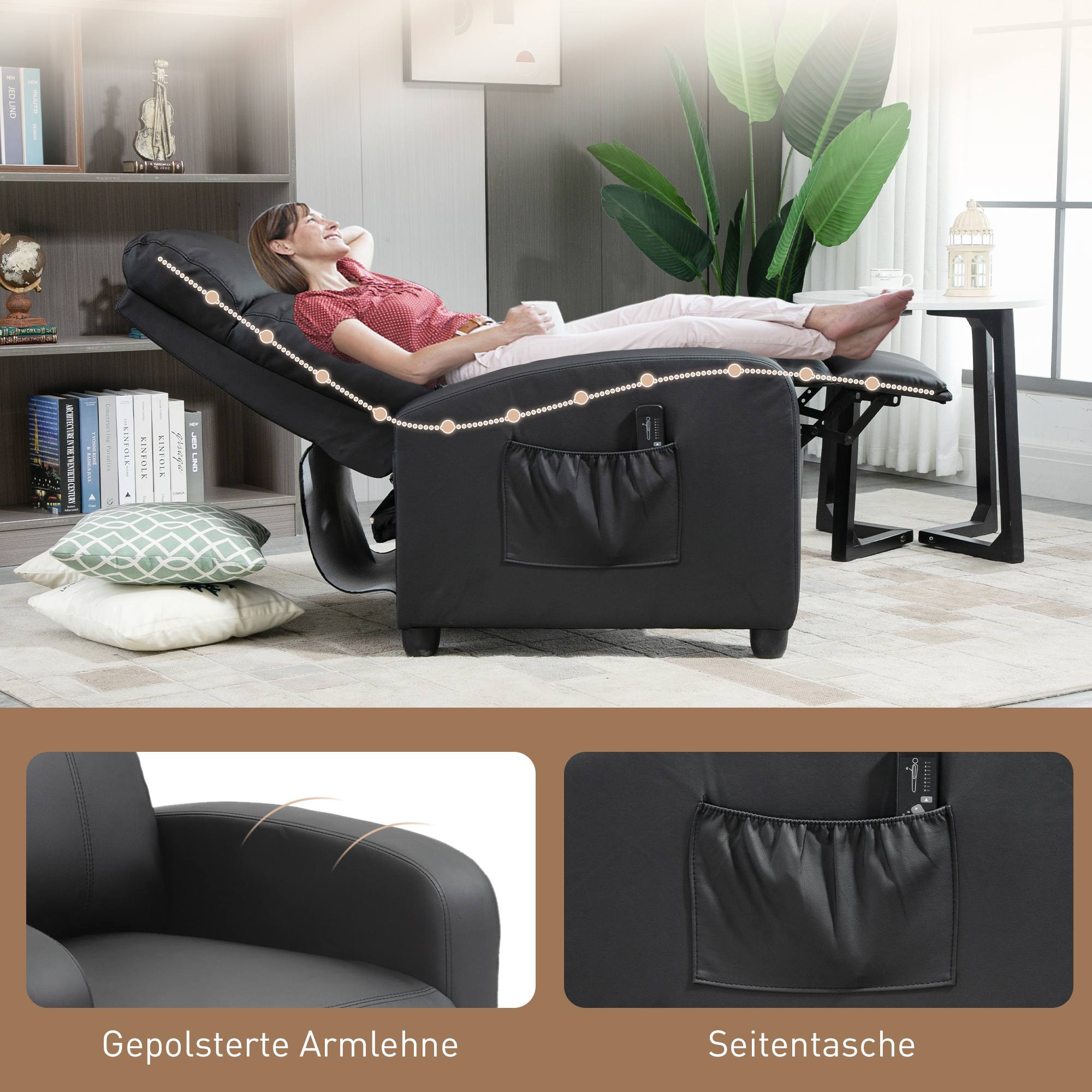 Relaxsessel Fernsehsessel mit Vibrationsmassage, Massagesessel mit Liegefunktion, 2 Massagepunkte, TV Sessel mit Fernbedienung, Seitentasche, Kunstleder für Wohnzimmer, Schwarz