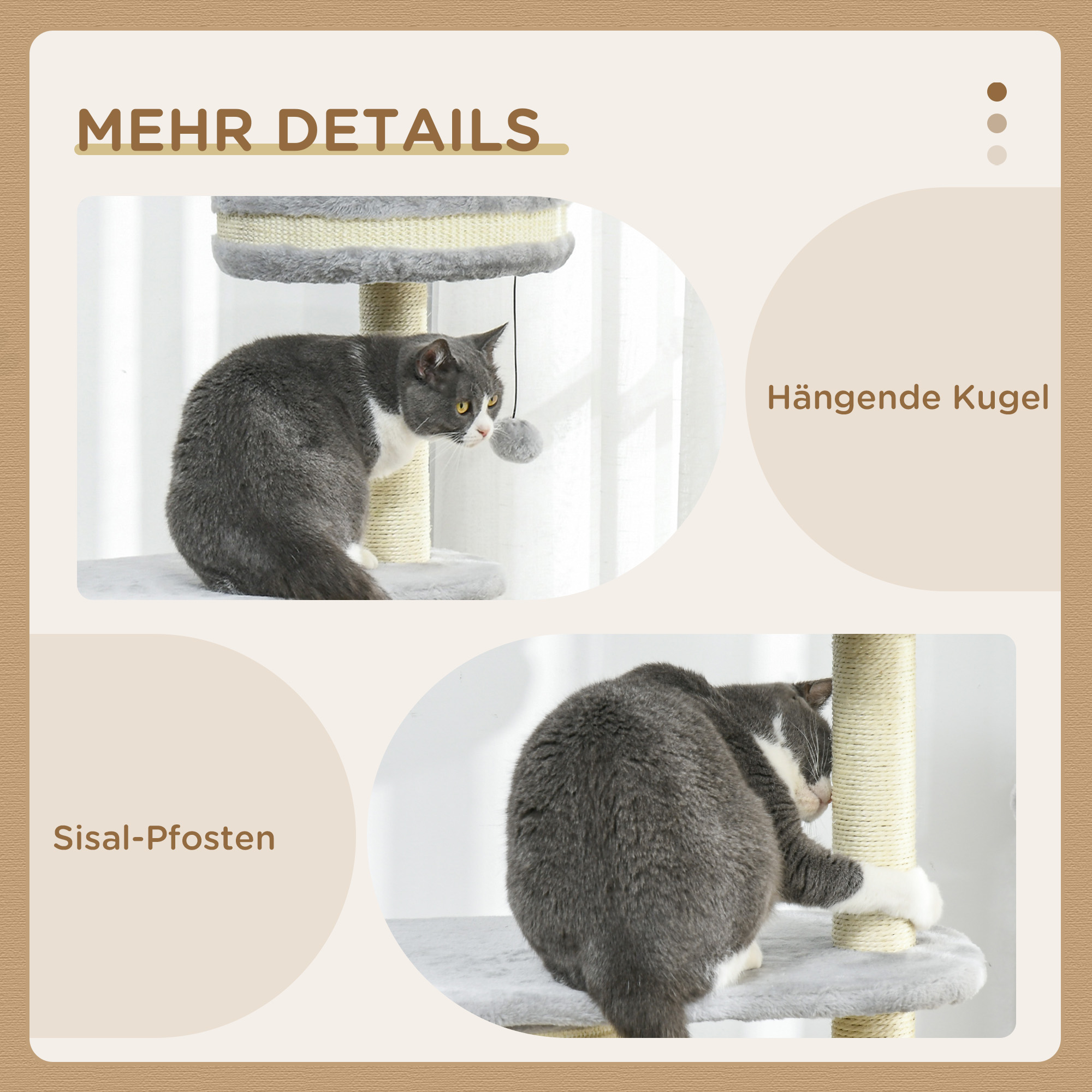 Kratzbaum für Katzen, Sisal-Seilpfosten, weicher Plüsch, mehrstufig, Ballspielzeug, Grau, 59x35x100 cm