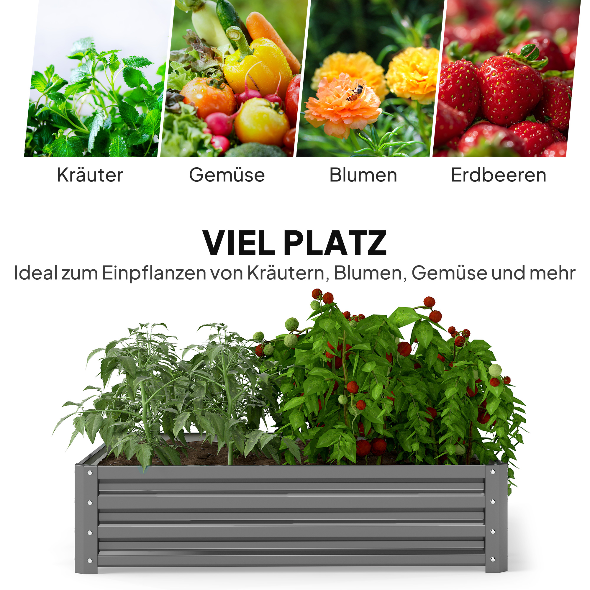 Gartenbeet, Pflanzkasten mit Stahlgehäuse, Hellgrau, 120 x 120 x 30 cm