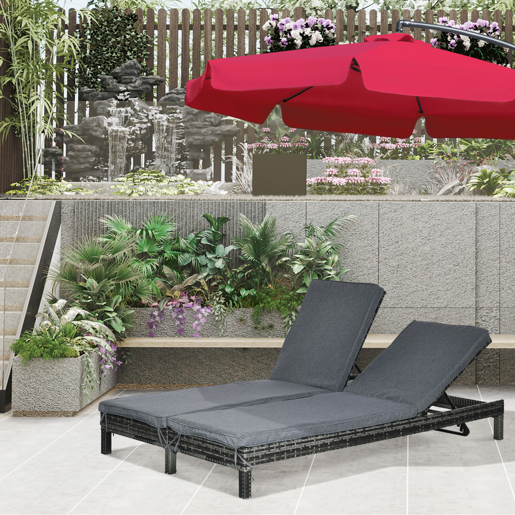 Polyrattan Doppelliege Sonnenliege Gartenliege für 2 Personen Relaxliege Luxus Lounge 5-stufige Rückenlehne Metall PE Rattan Grau 196 x 120 x 28 cm