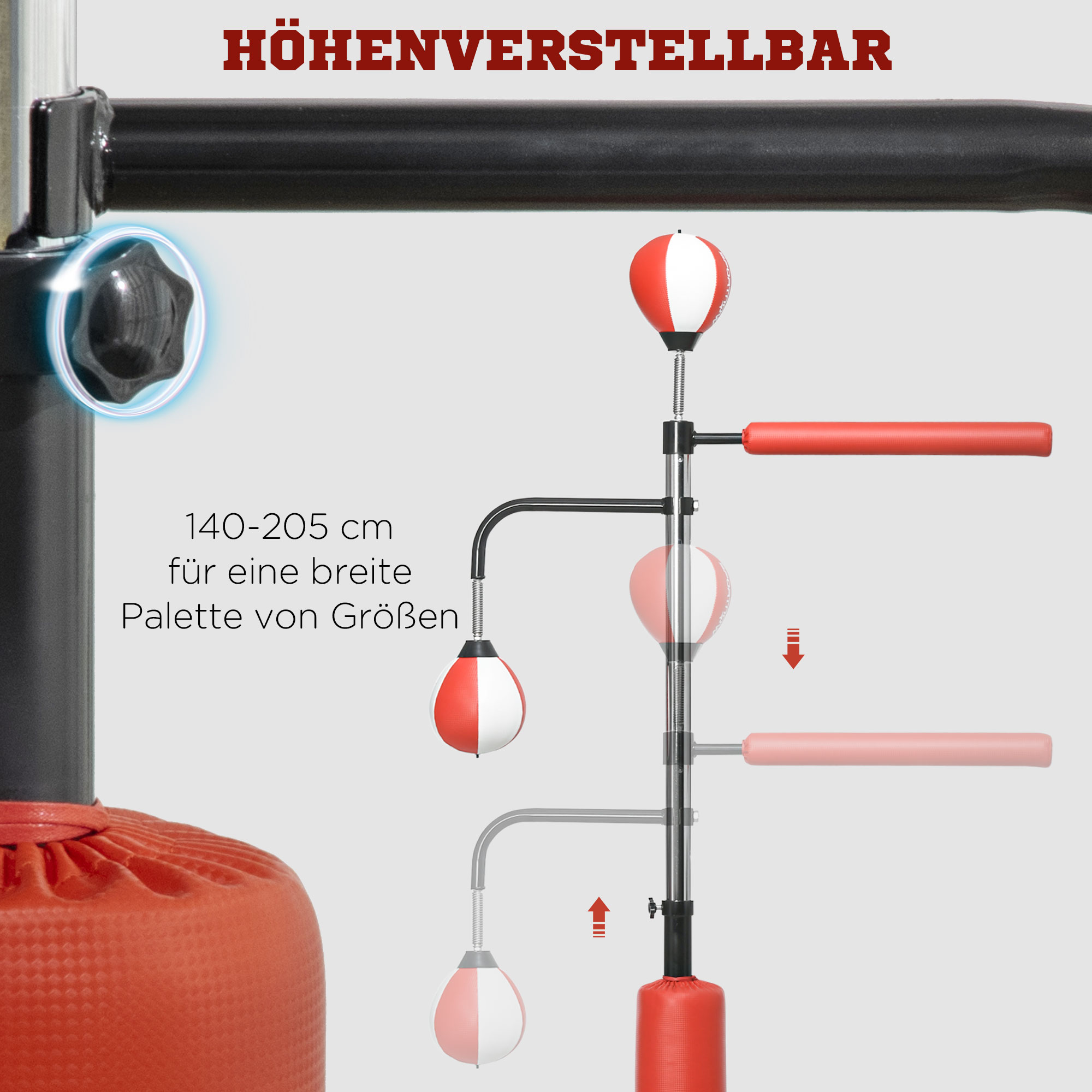 Boxstand, zwei Speedballs, drehbare Boxstange, Kickpolster, höhenverstellbar, Stahl, 107 x 36 x 140-205cm