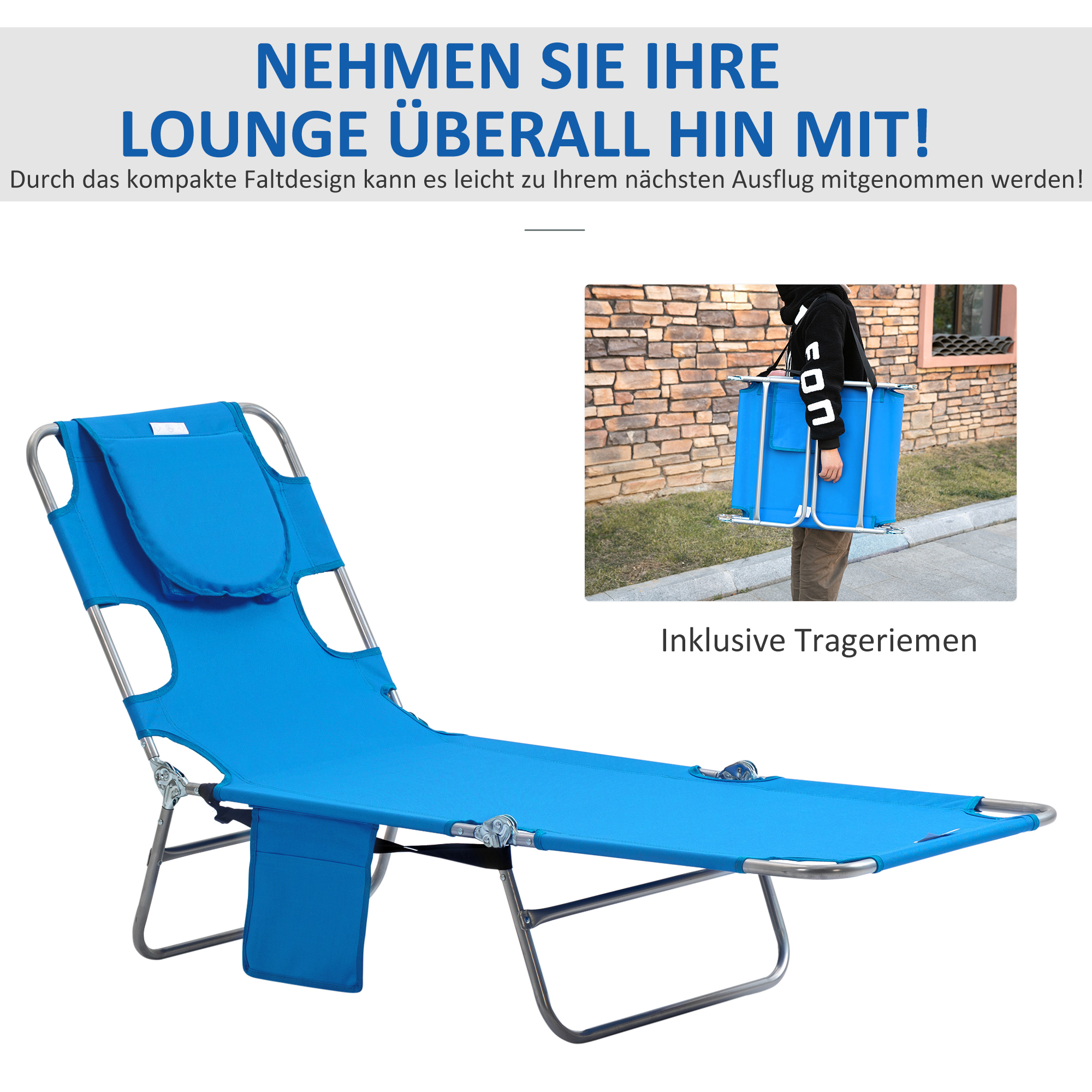 Gartenliege, Liegestuhl mit gepolsterter Gesichtsöffnung, Massage-Liege für draußen, Seitentasche, Stoff, Metall, Blau