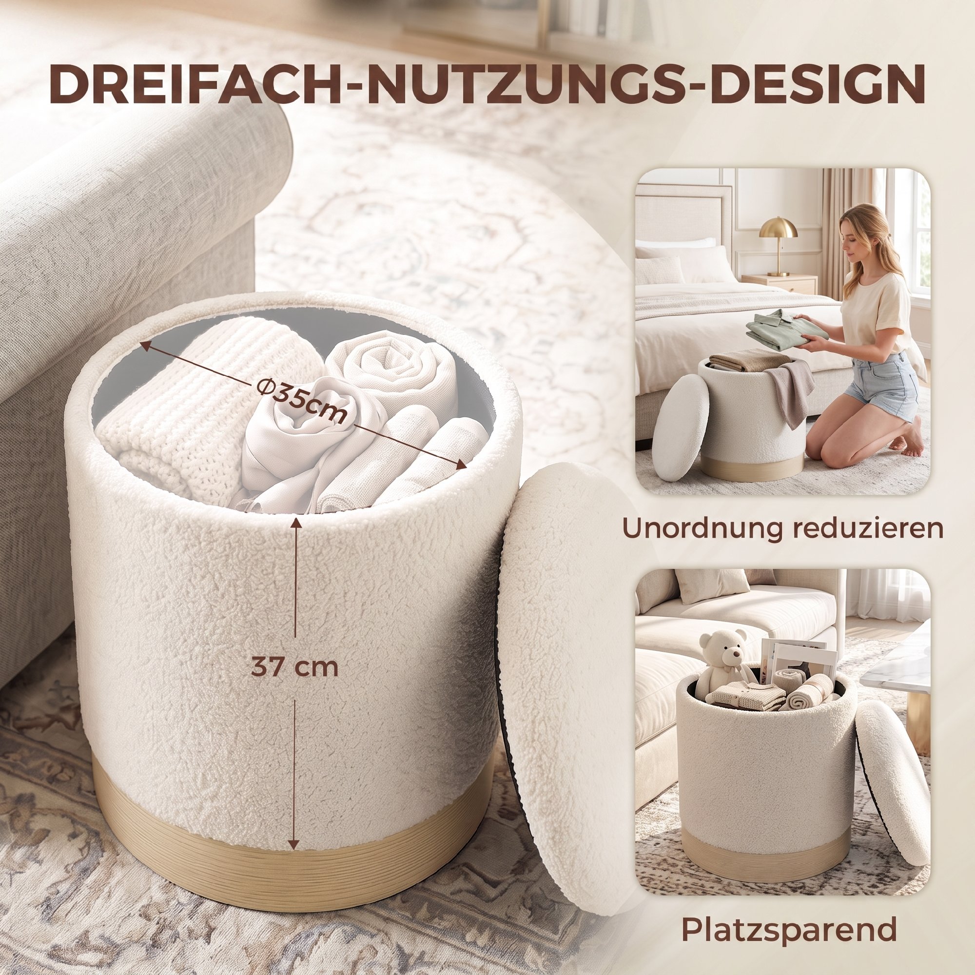 38 cm Rundhocker mit Sherpa-Bezug, Aufbewahrung und Holzoptik-Metallfuß, Cremeweiß