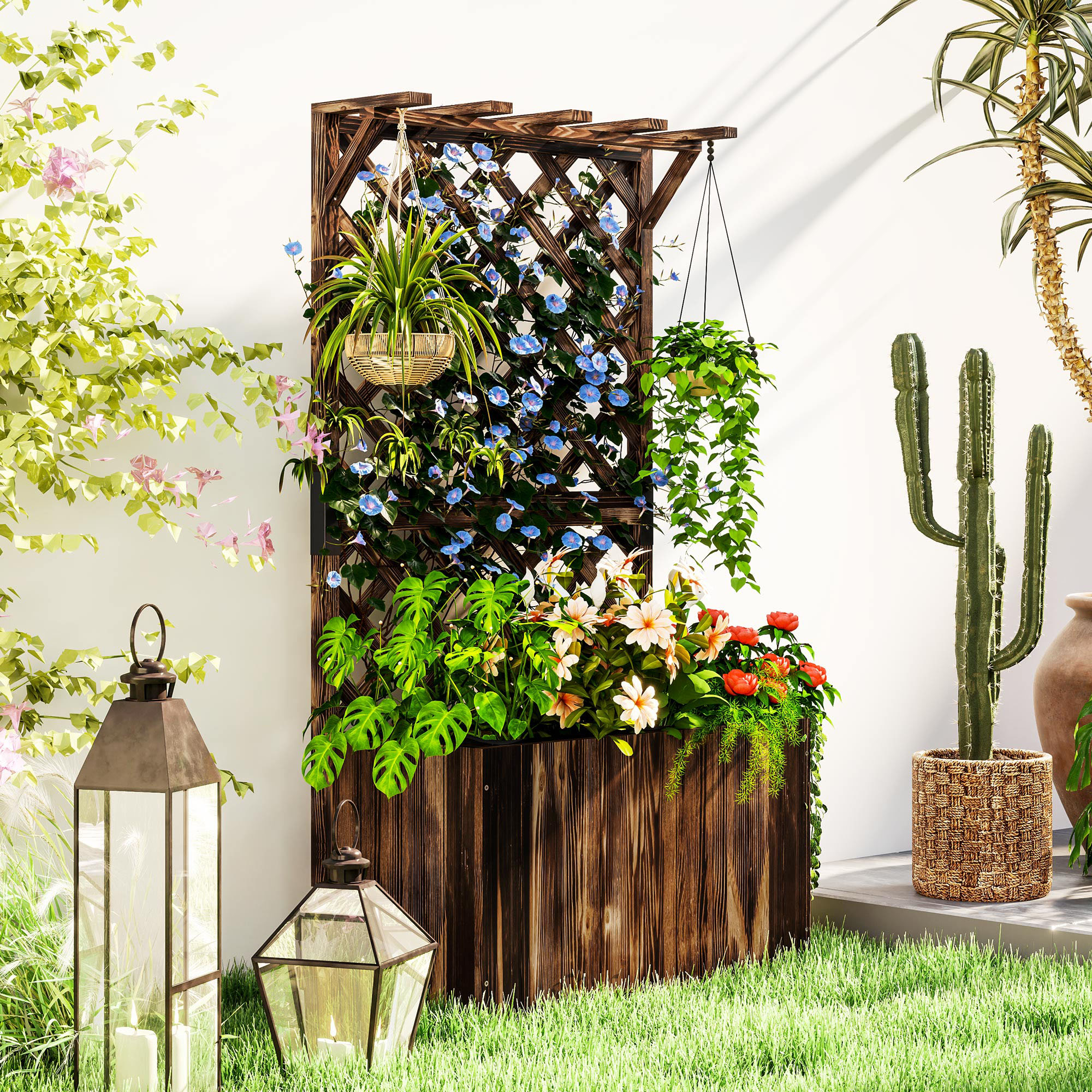 Hochbeet Pflanzkasten mit Rankgitter, Spalier Pflanzkübel Blumenkasten Holz, Gartenspalier 64 x 33 x 122cm Verkohlt