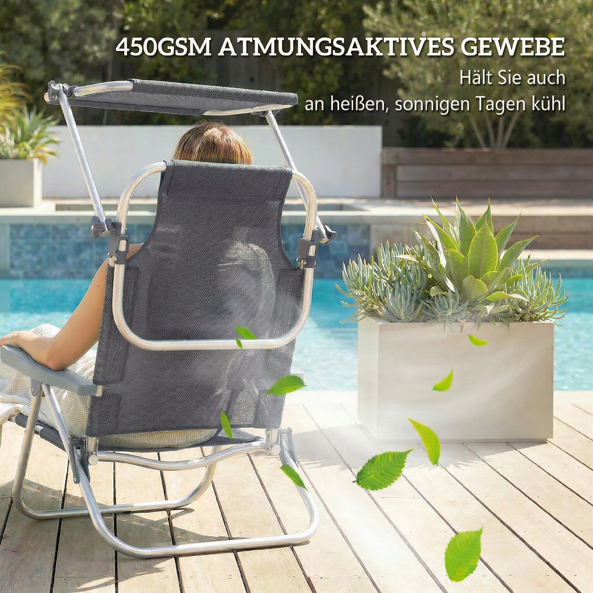 Sonnenliege klappbar Gartenliege mit Kopfkissen verstellbarem Dach 6-Fach verstellbare Rückenlehne 62 x 68 x 79 cm Dunkelgrau