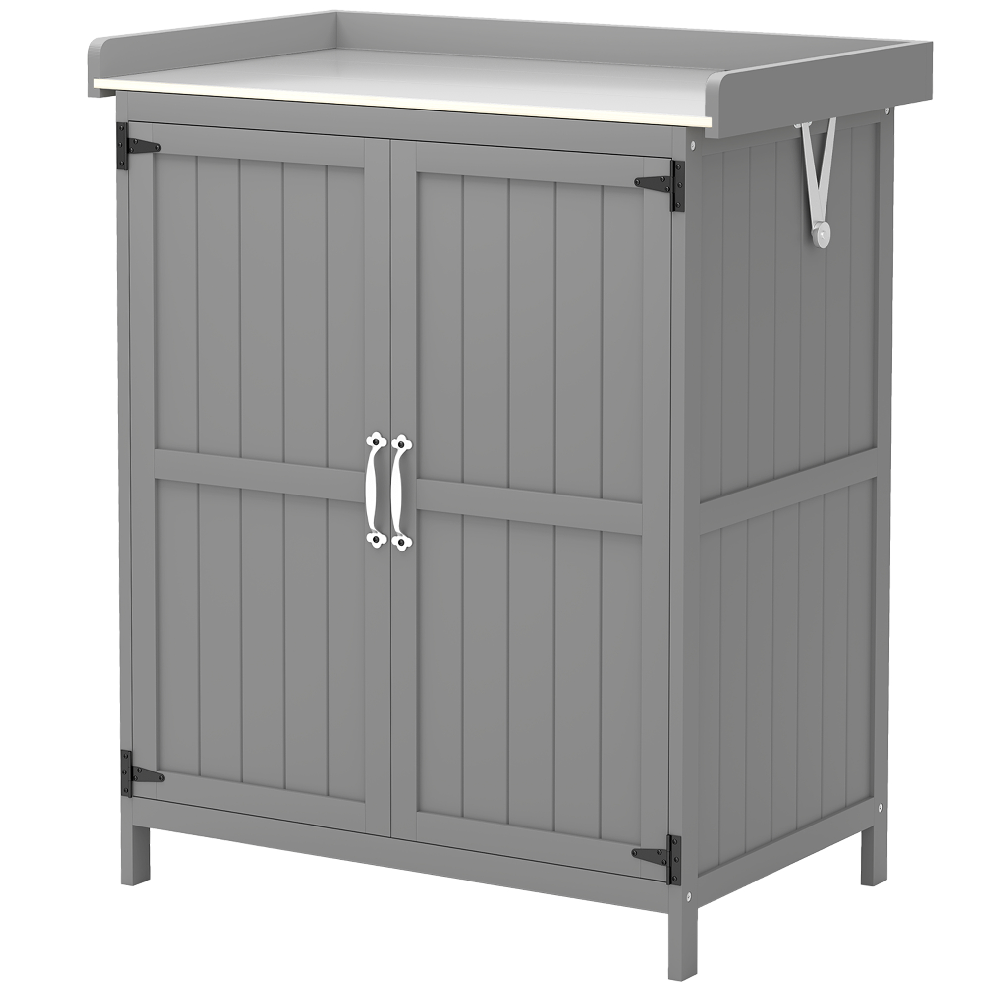 Gartenschrank, Werkzeugschrank für den Außenbereich, mit Arbeitsfläche, Holz und Edelstahl, Doppeltüren, Grau
